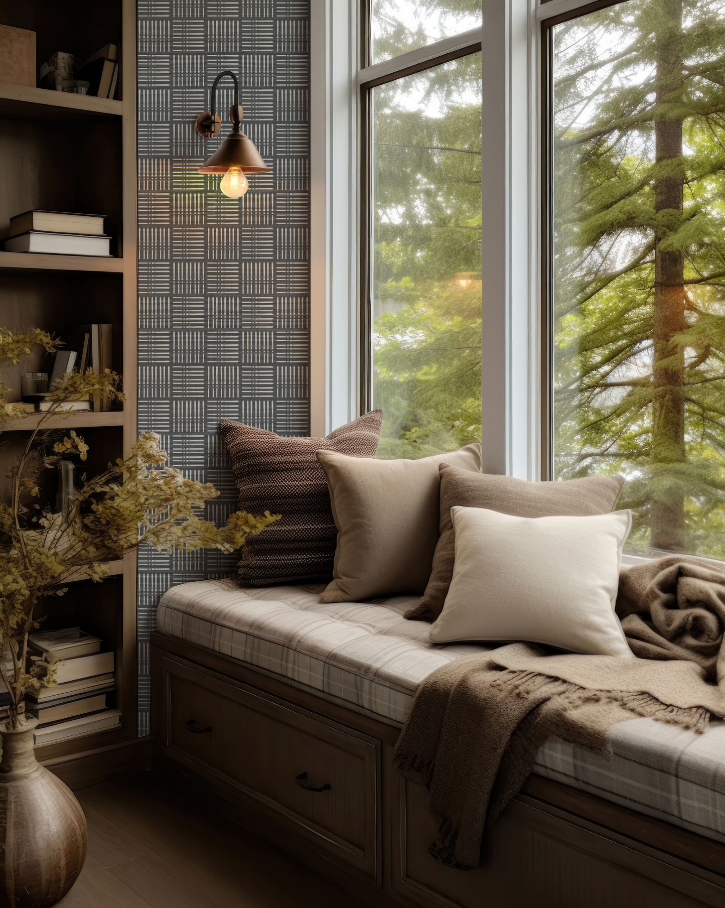 Taupe Ski Square on Black Wallpaper