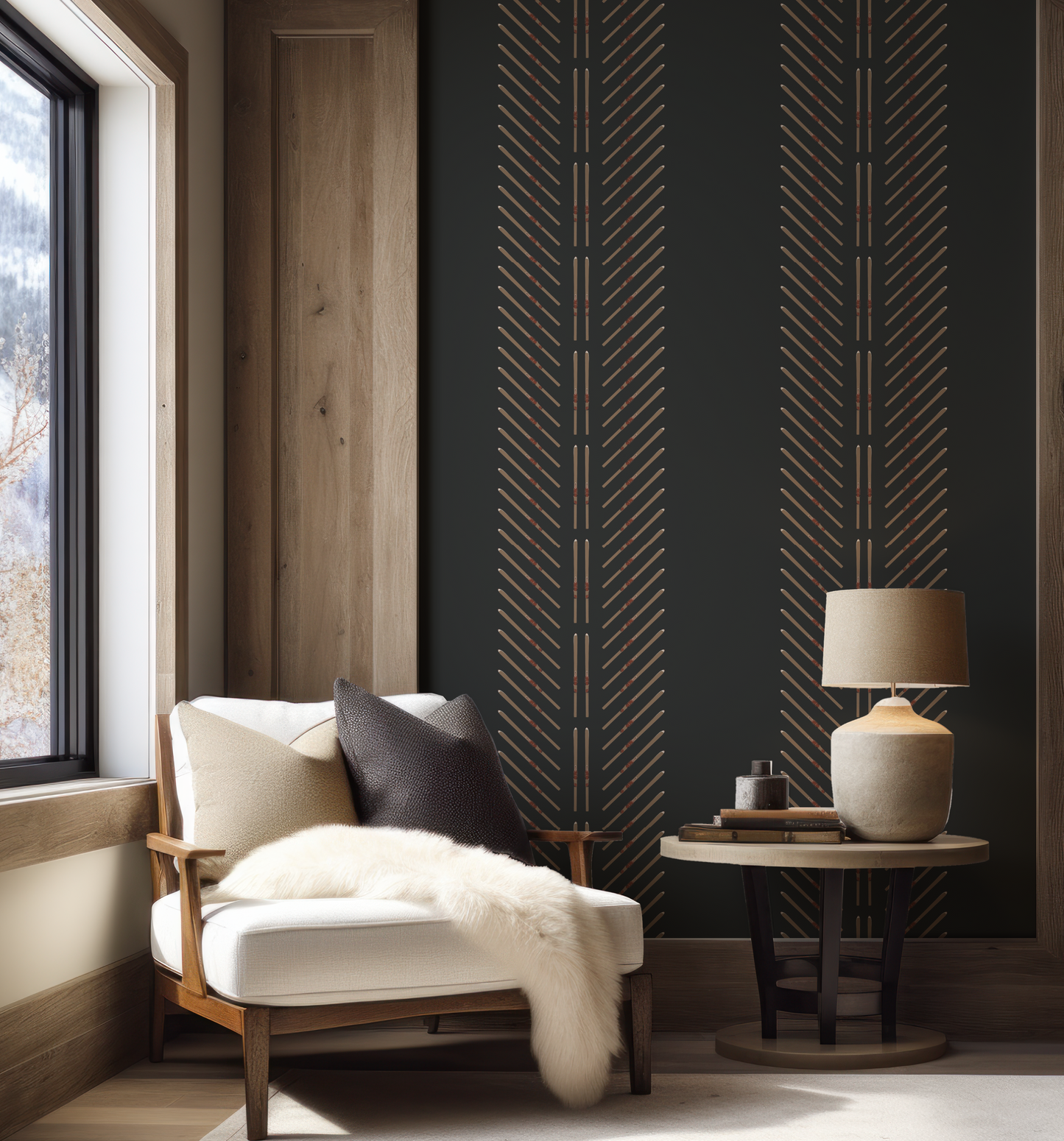Ski Chevron in Formal Stripe on Black Wallpaper