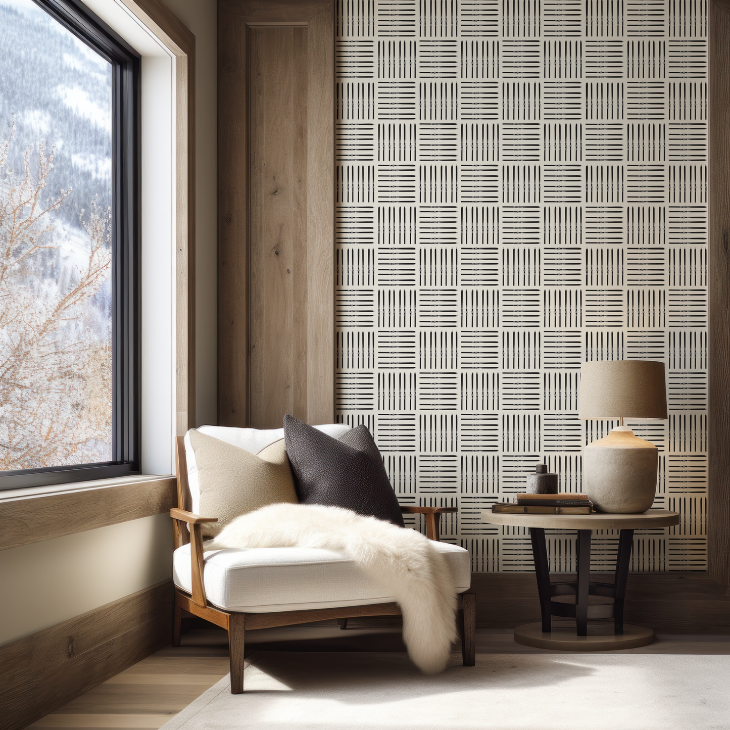 Black Ski Square on Off-White Wallpaper, Large Scale