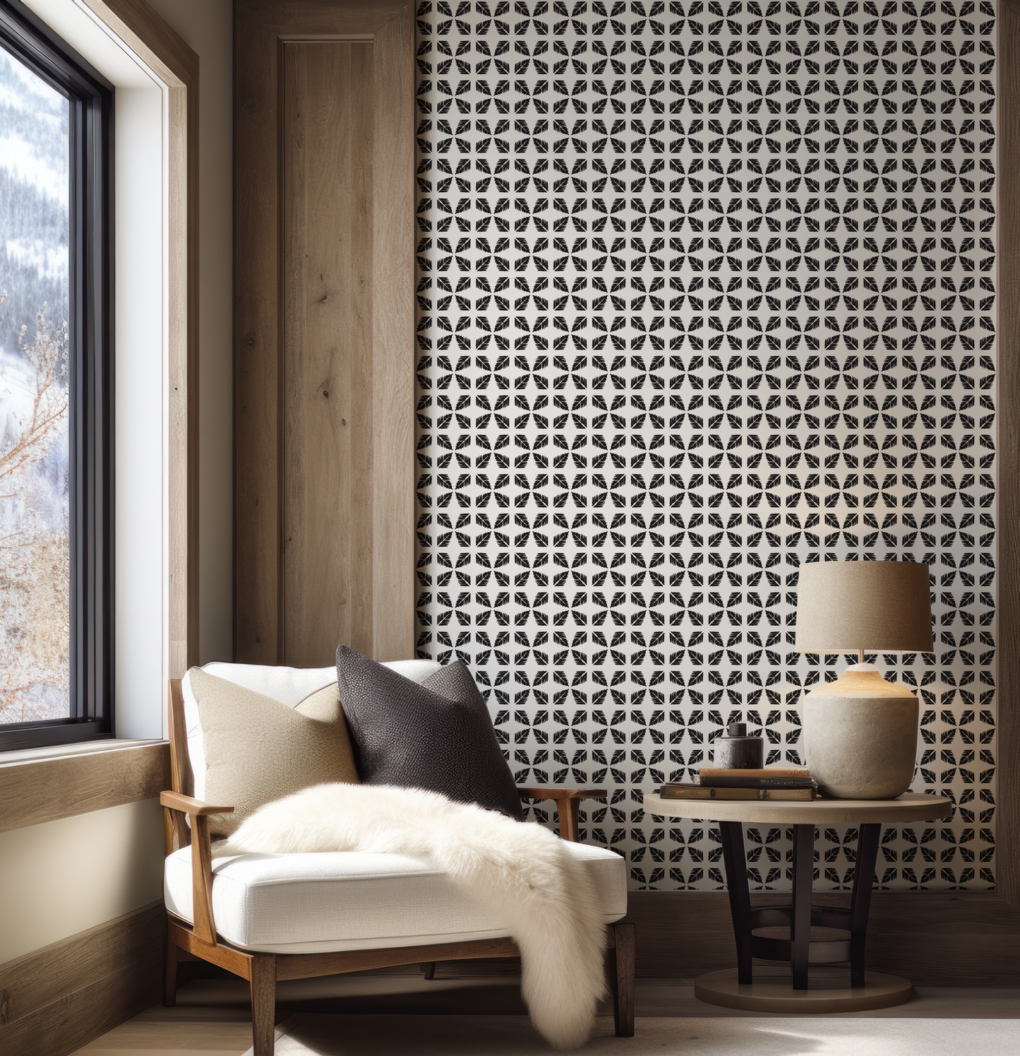 Geometric Leaves Black and White Wallpaper