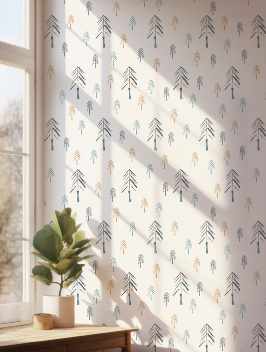 Painted Pine Forest On White Wallpaper