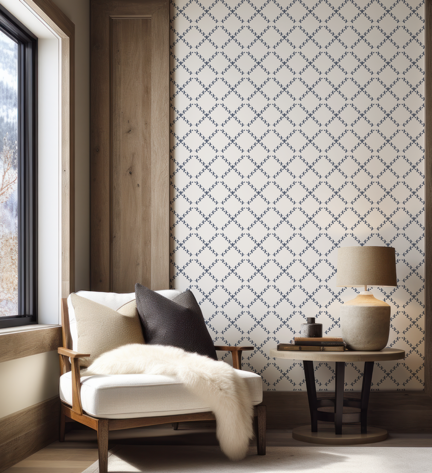 Vintage Slate Blue and Off White Wallpaper