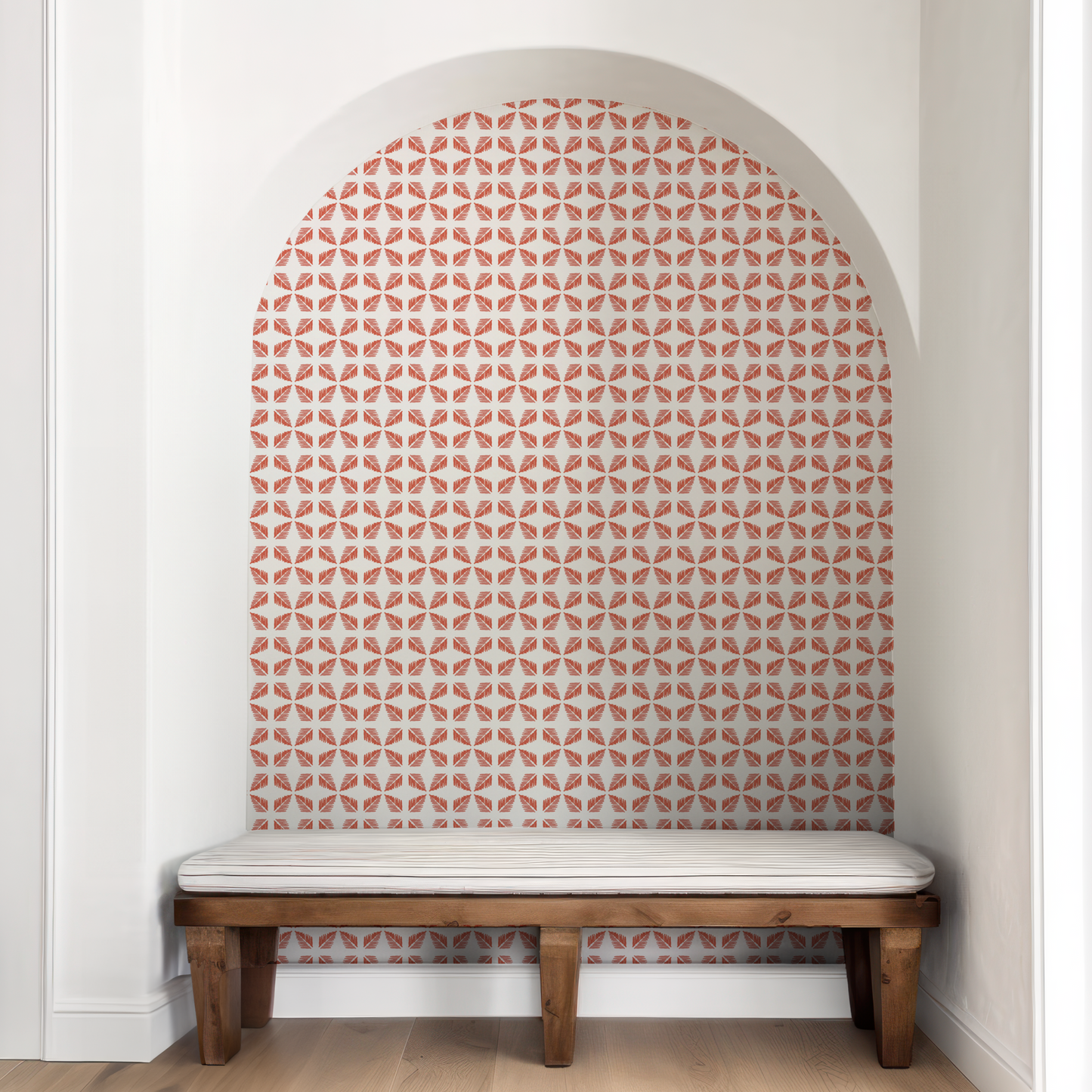 Geometric Leaves Coral and White Wallpaper
