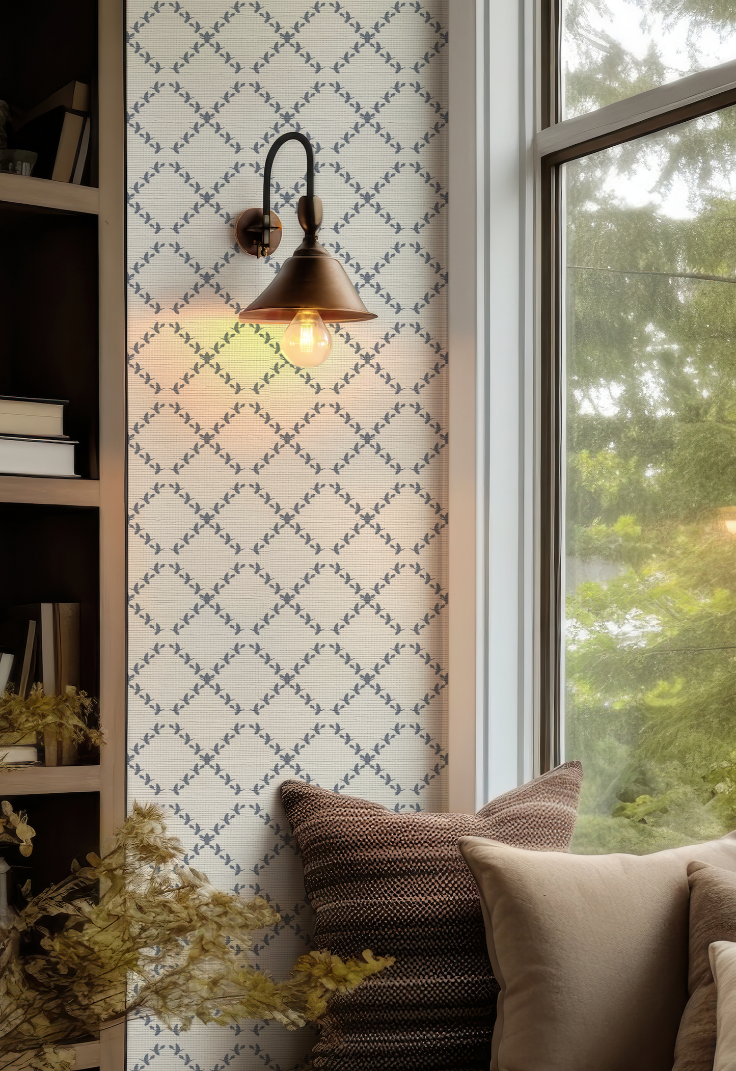 Vintage Slate Blue and Off White Wallpaper