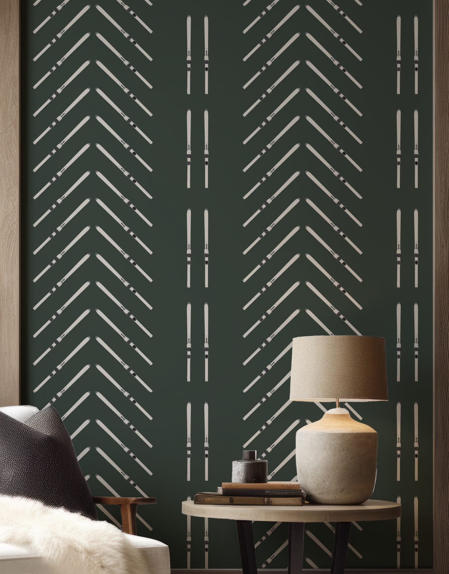 Ski Chevron and Stripe on Forest Green Wallpaper