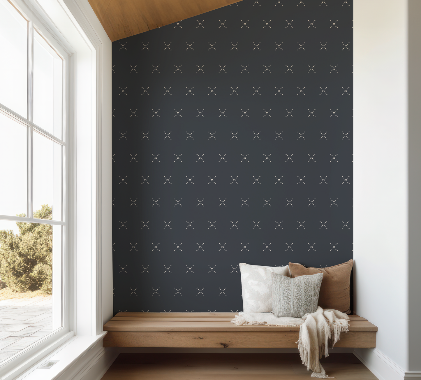 Navy Wallpaper with Small Dash X in Tan