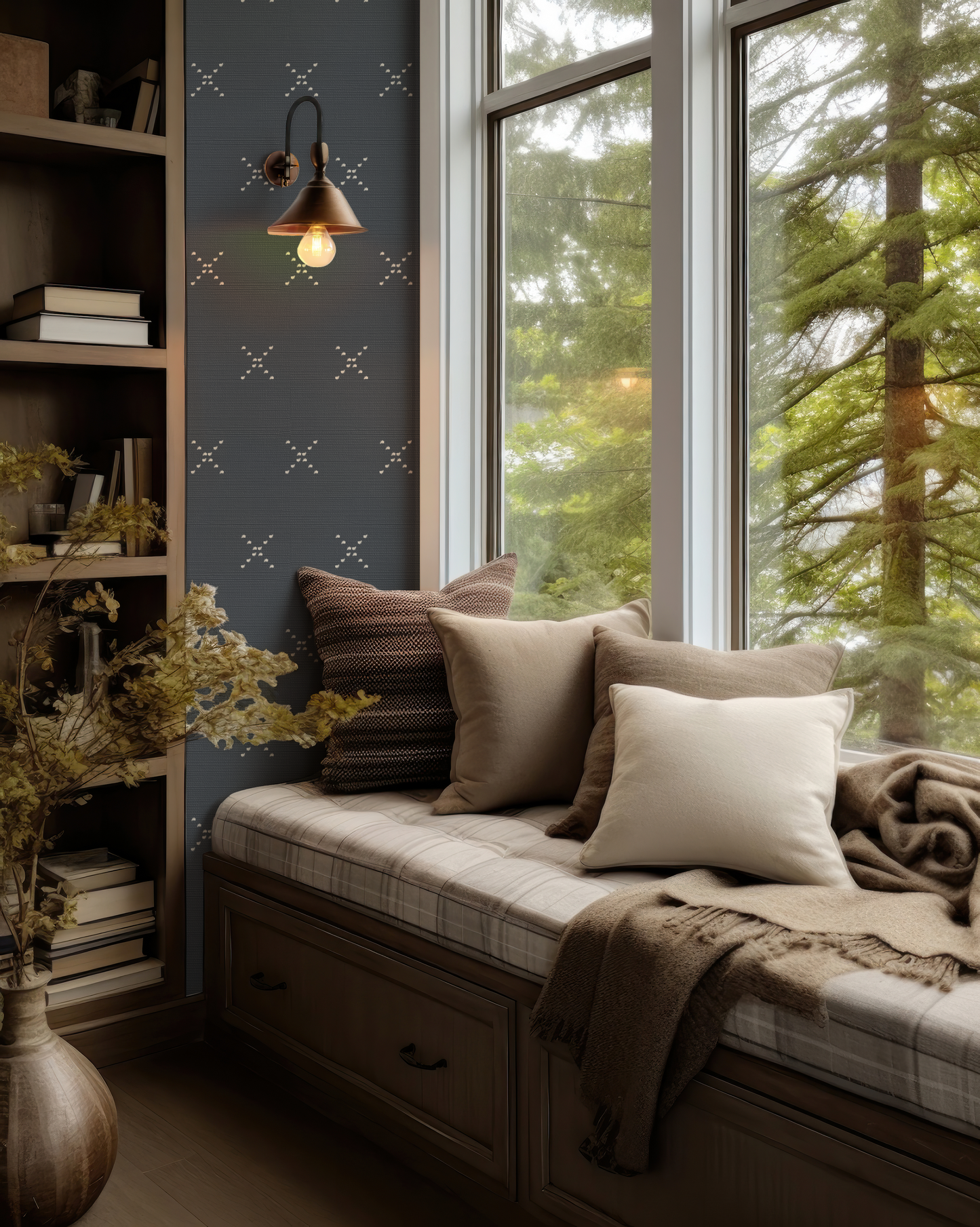 Navy Wallpaper with Small Dash X in Tan