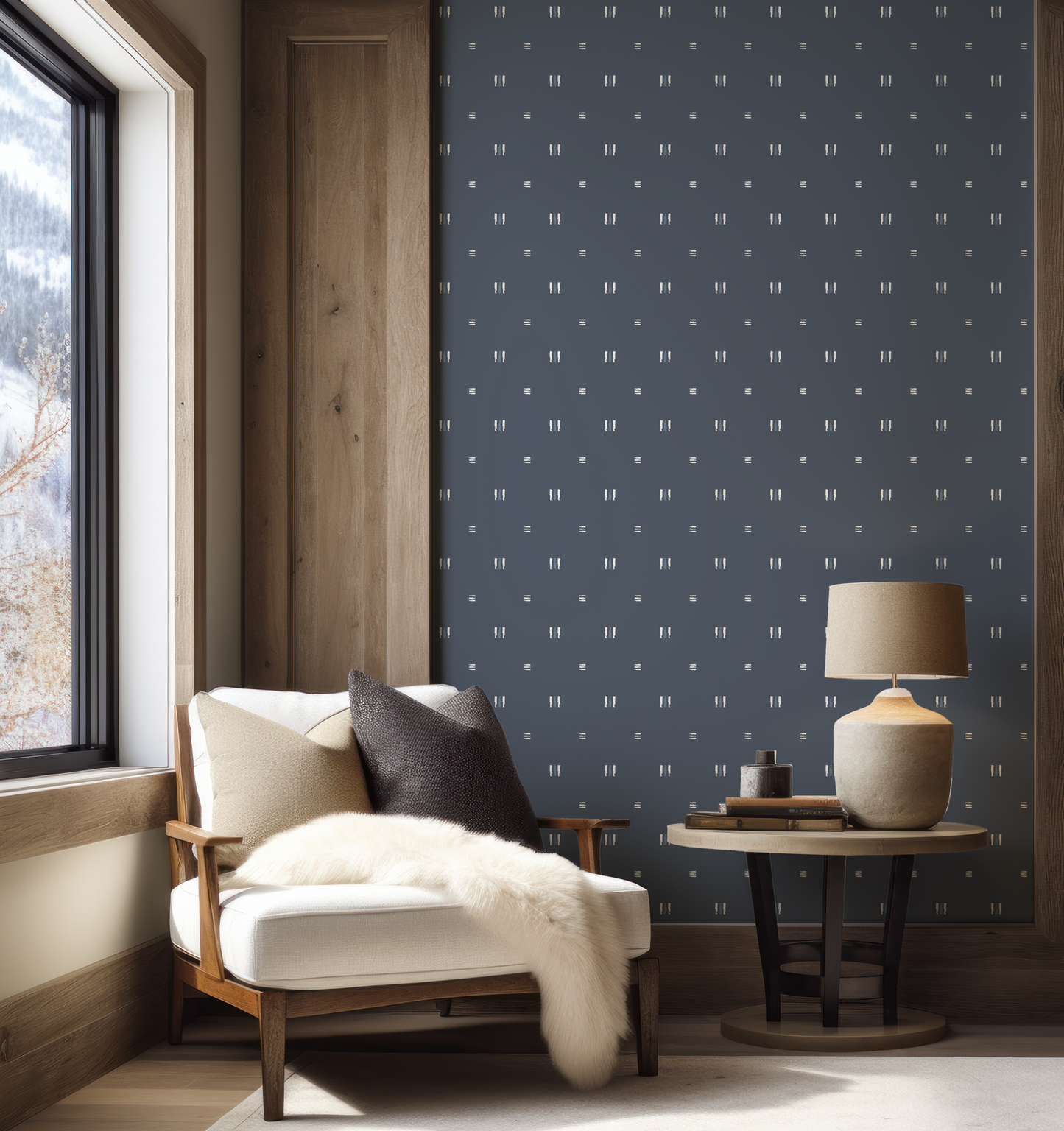 Dia Blue & Off White on Navy Wallpaper