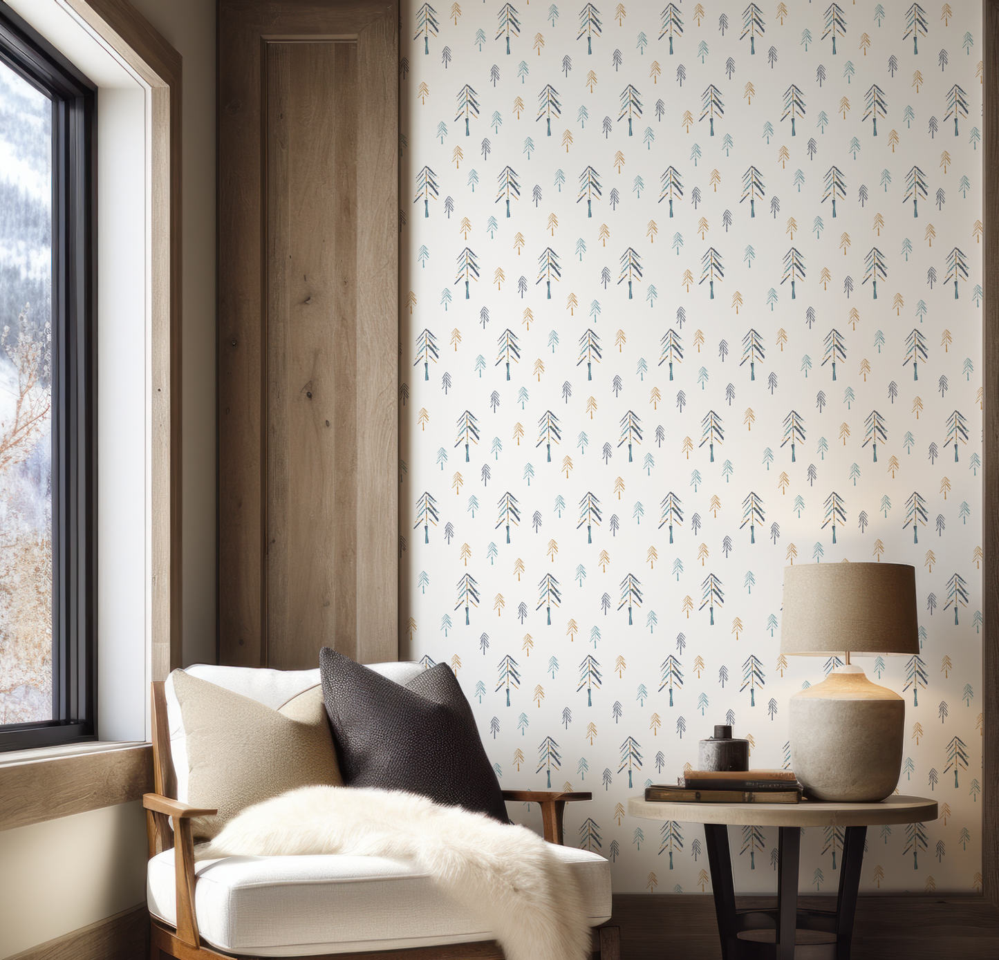 Painted Pine Forest On White Wallpaper
