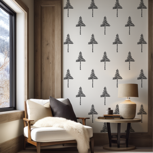 Pine Tree Black and White Grasscloth Wallpaper