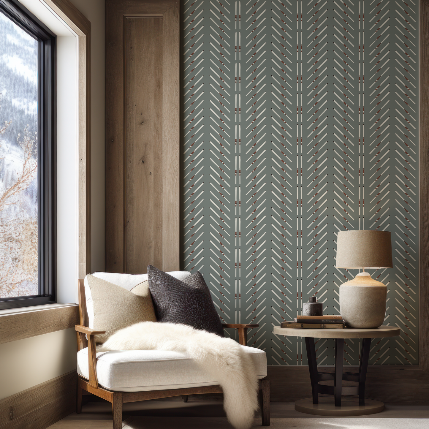 Ski Chevron and Stripe on Sage Green Wallpaper