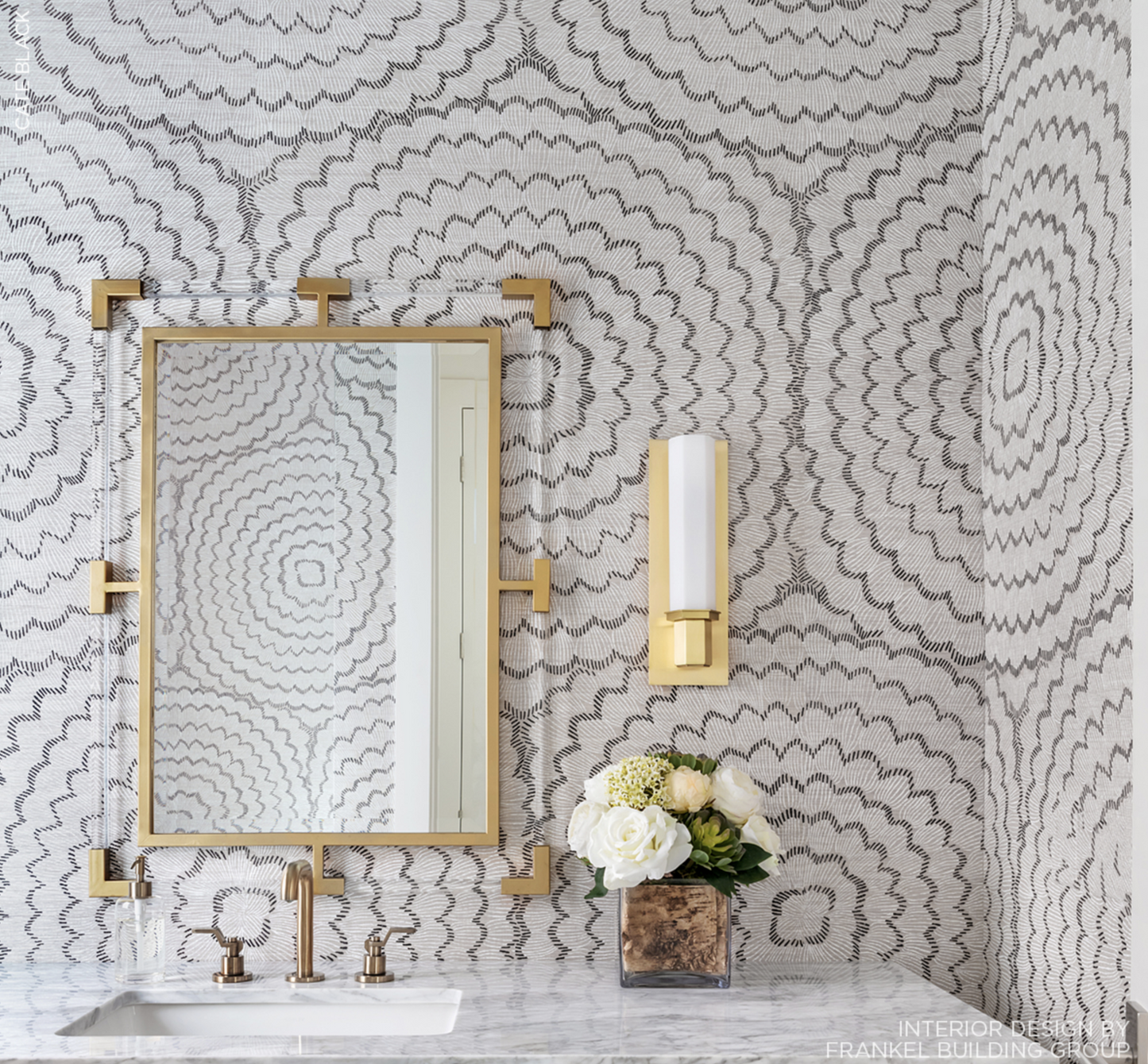 Grasscloth Flower Bloom in Dove/Black and White Wallpaper