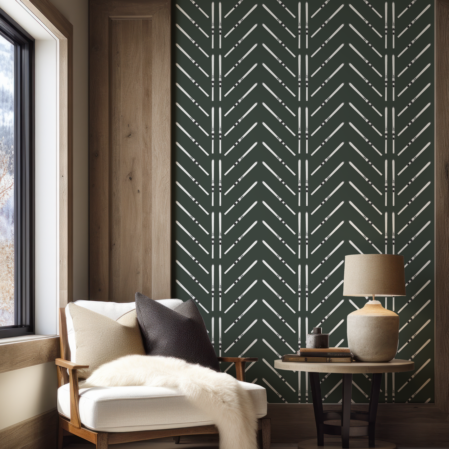 Ski Chevron and Stripe on Forest Green Wallpaper