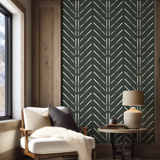 Ski Chevron and Stripe on Forest Green Wallpaper