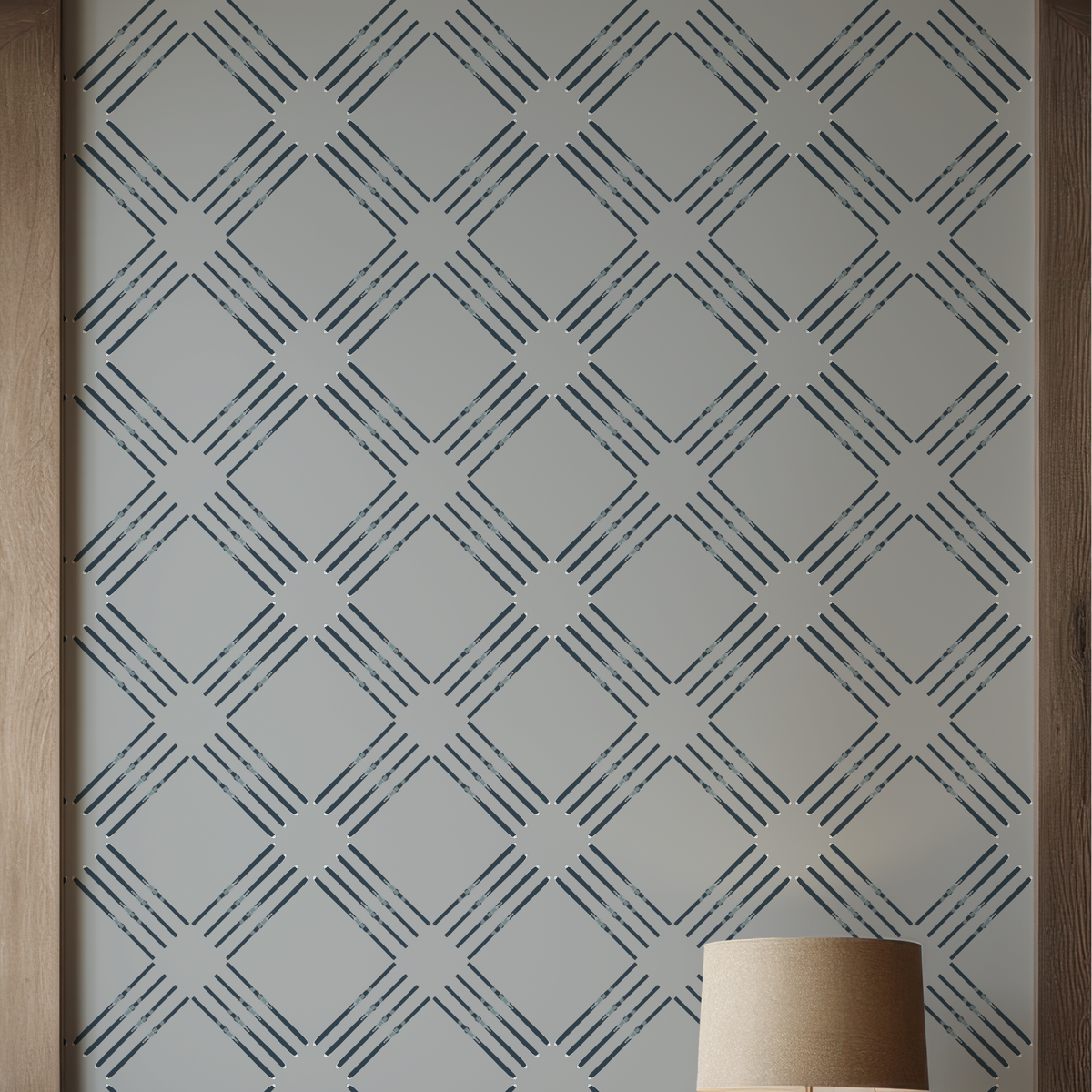 Ski Quad Diamond Wallpaper in Silverton Grey featuring navy skis arranged in a repeating diamond pattern against a grey background.