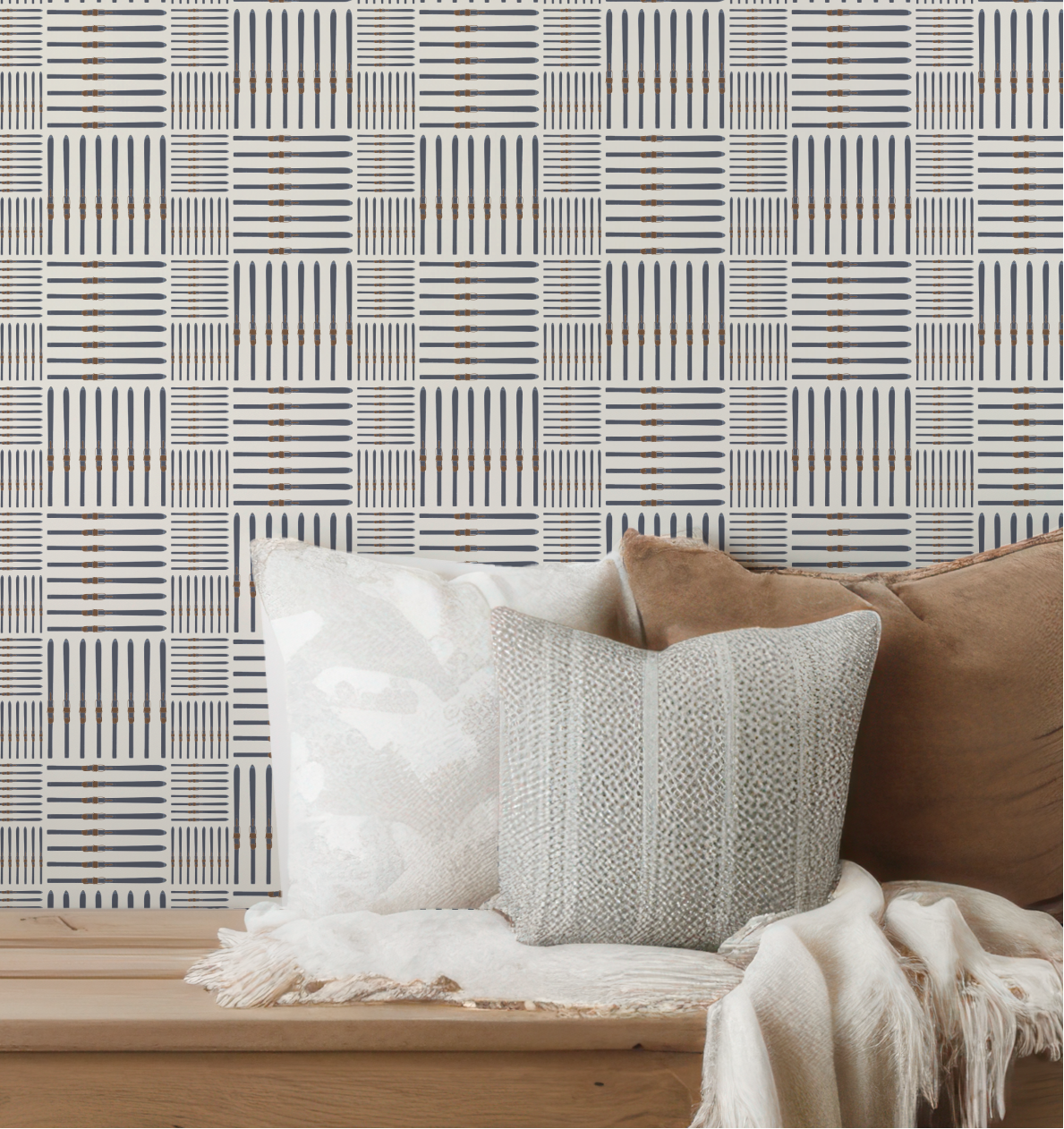 Retro Blue Ski Square Grasscloth Wallpaper