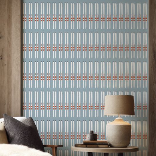 Close-up of Ski Stripe Powder Blue Wallpaper in a mountain home.