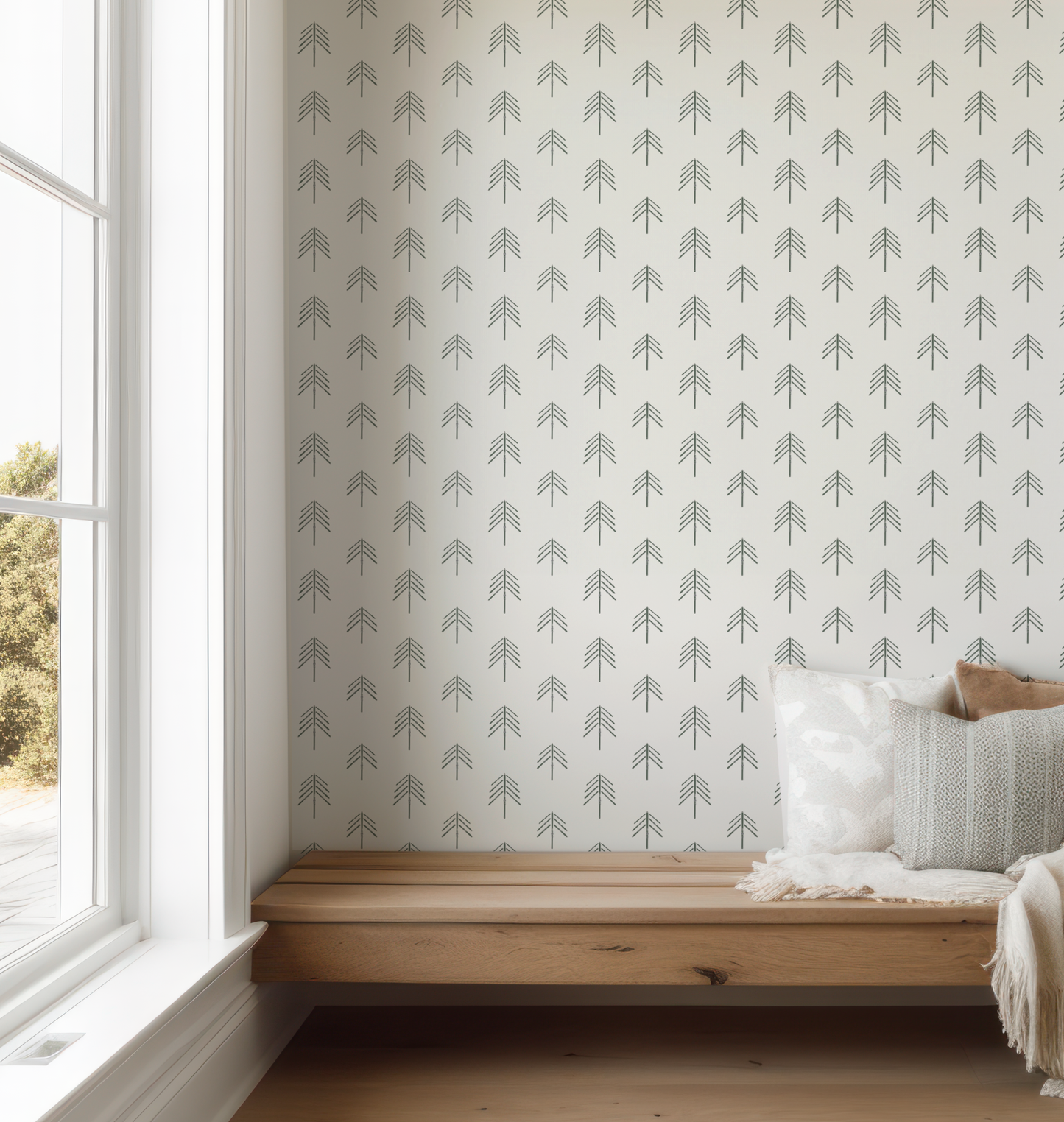 Ski Tree Small in Olive Green on Off White Wallpaper