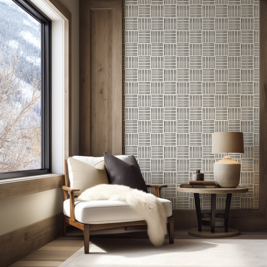 Black Ski Square on Off-White Wallpaper, Small Scale