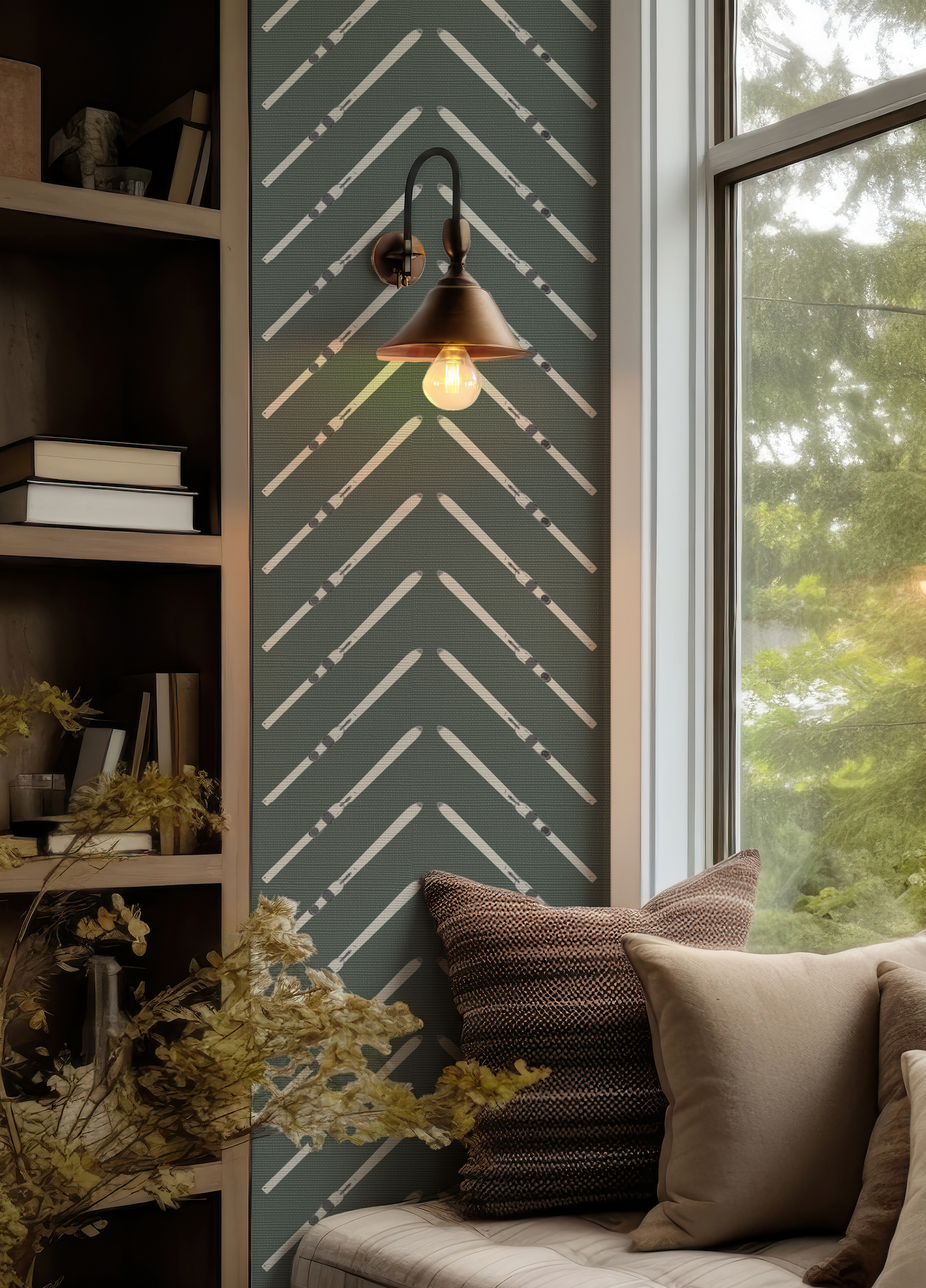 Ski Chevron and Stripe on Forest Green Wallpaper