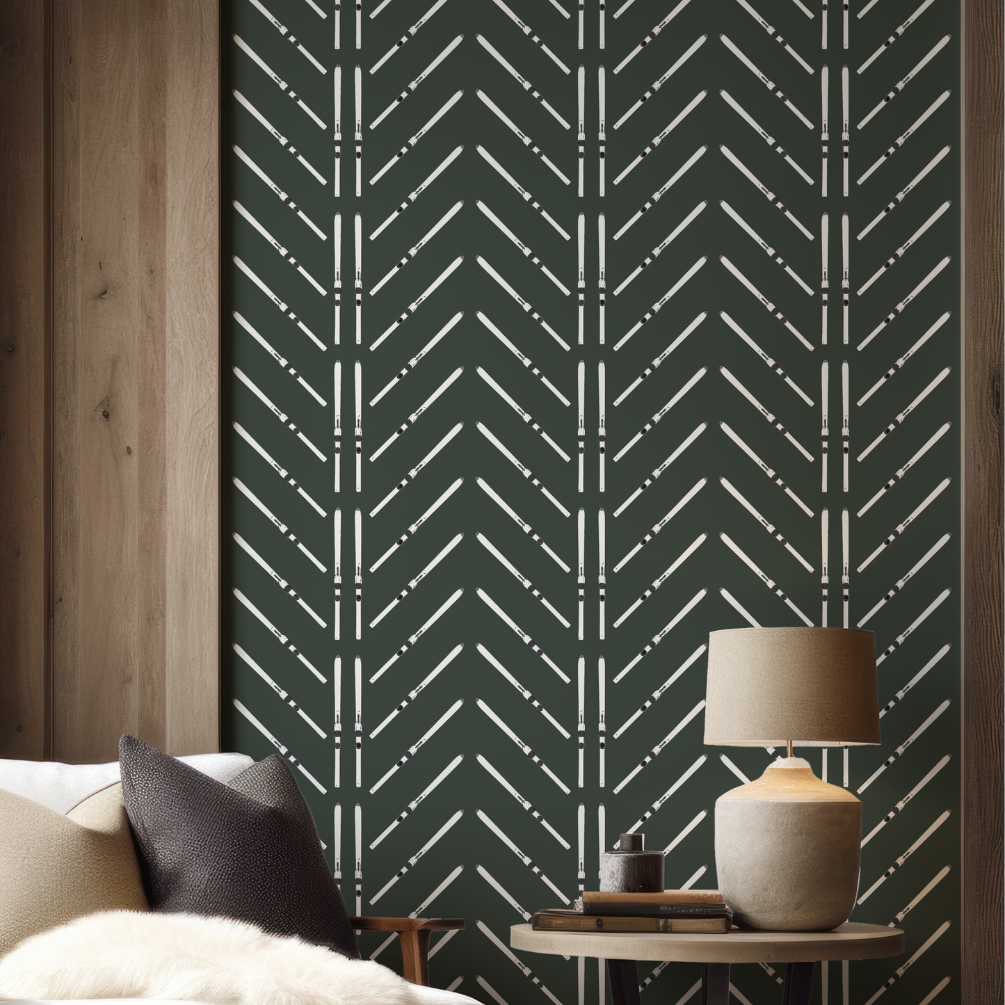 Ski Chevron and Stripe on Forest Green Wallpaper