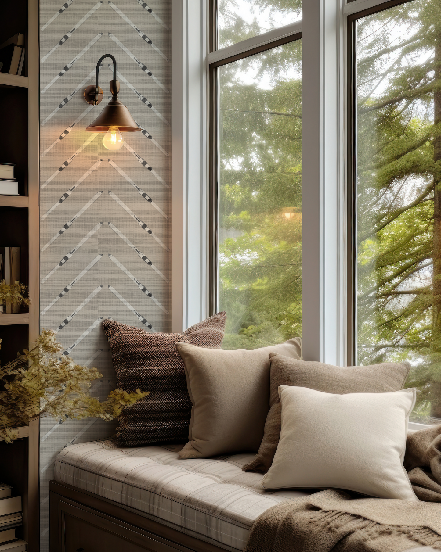 Ski Chevron and Stripe Taupe Grasscloth Wallpaper
