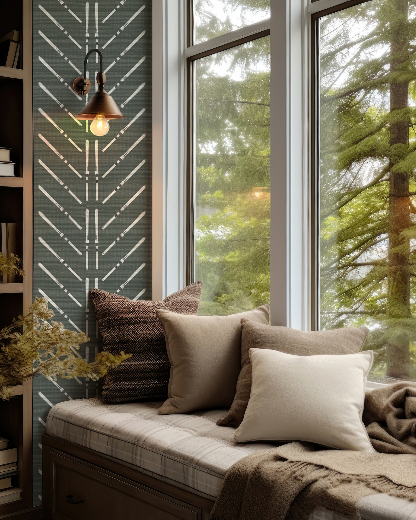 Ski Chevron and Stripe on Forest Green Wallpaper