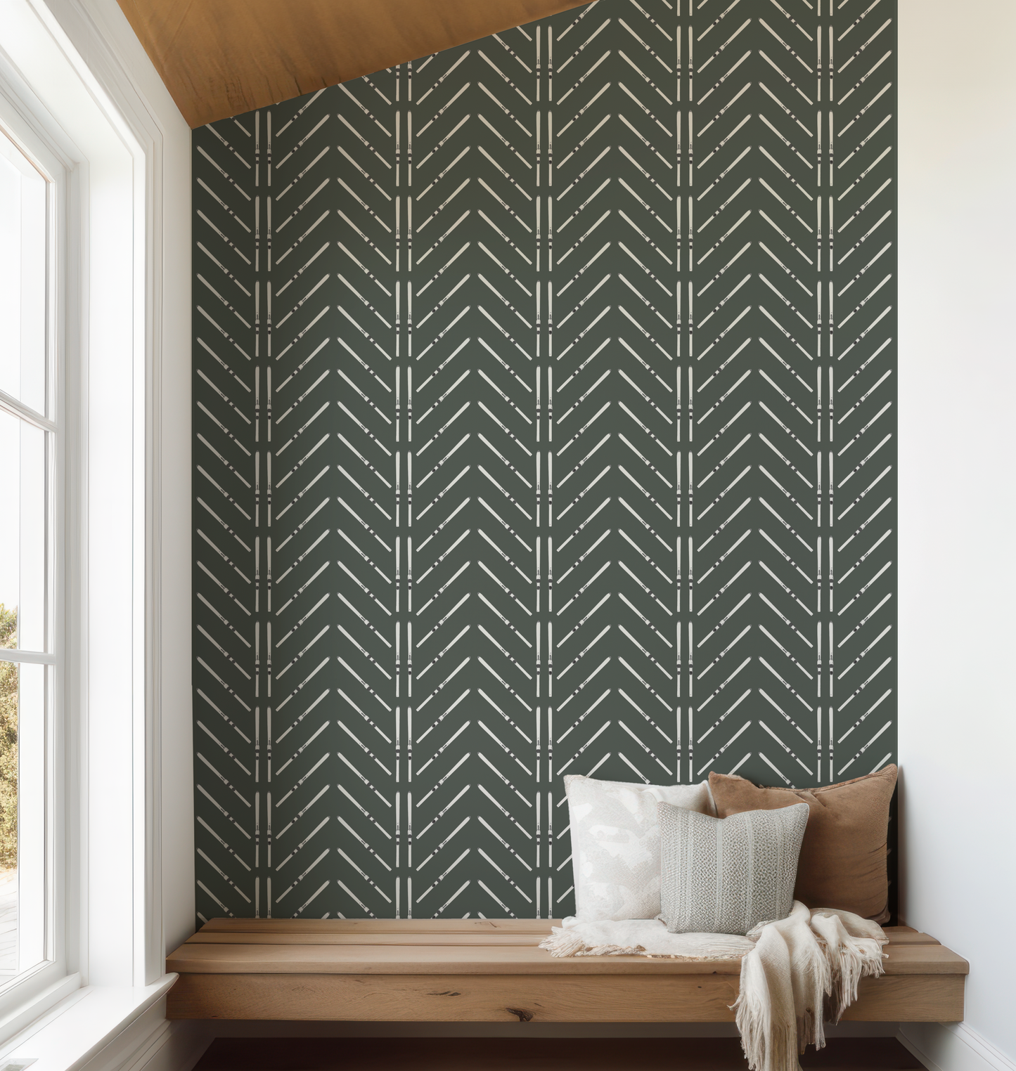 Ski Chevron and Stripe on Forest Green Wallpaper