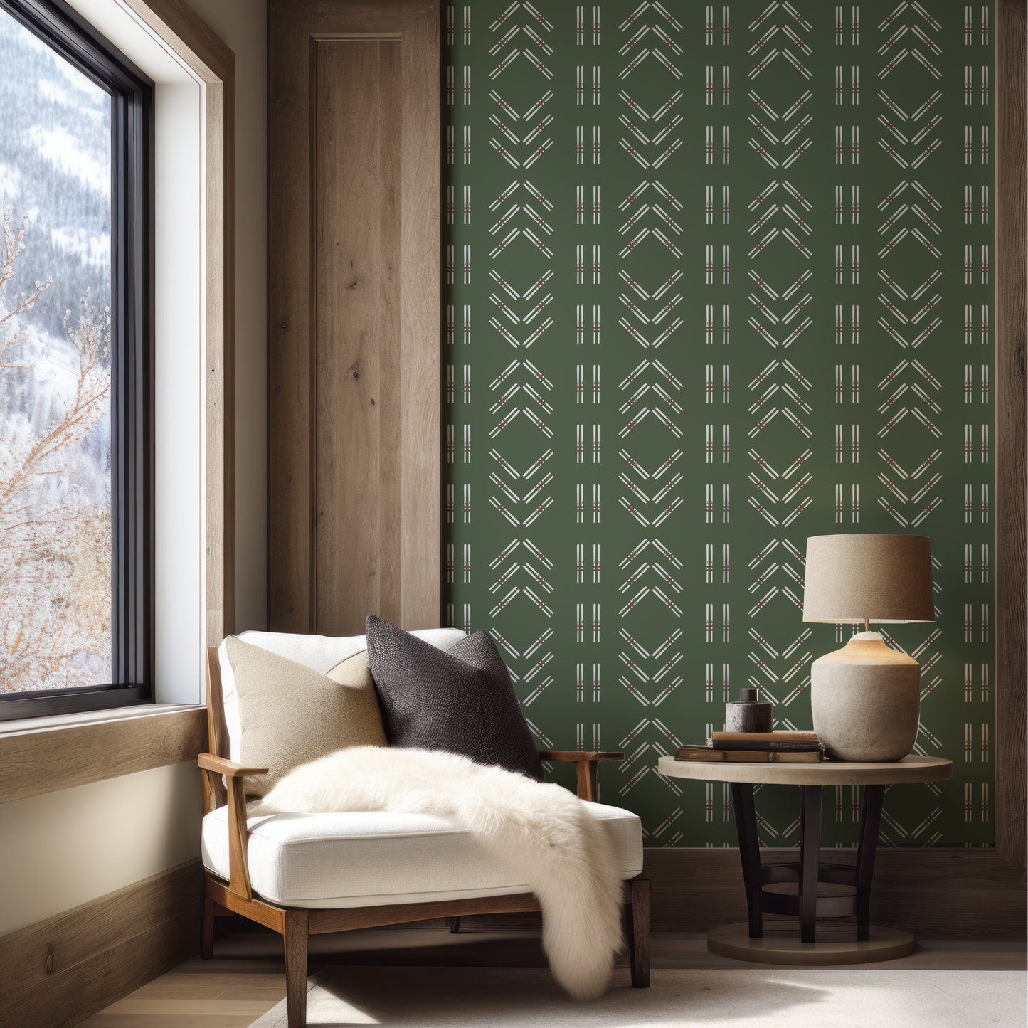 Ski Diamond and Double Ski Stripe Wallpaper on Mountain Green (Half Scale)
