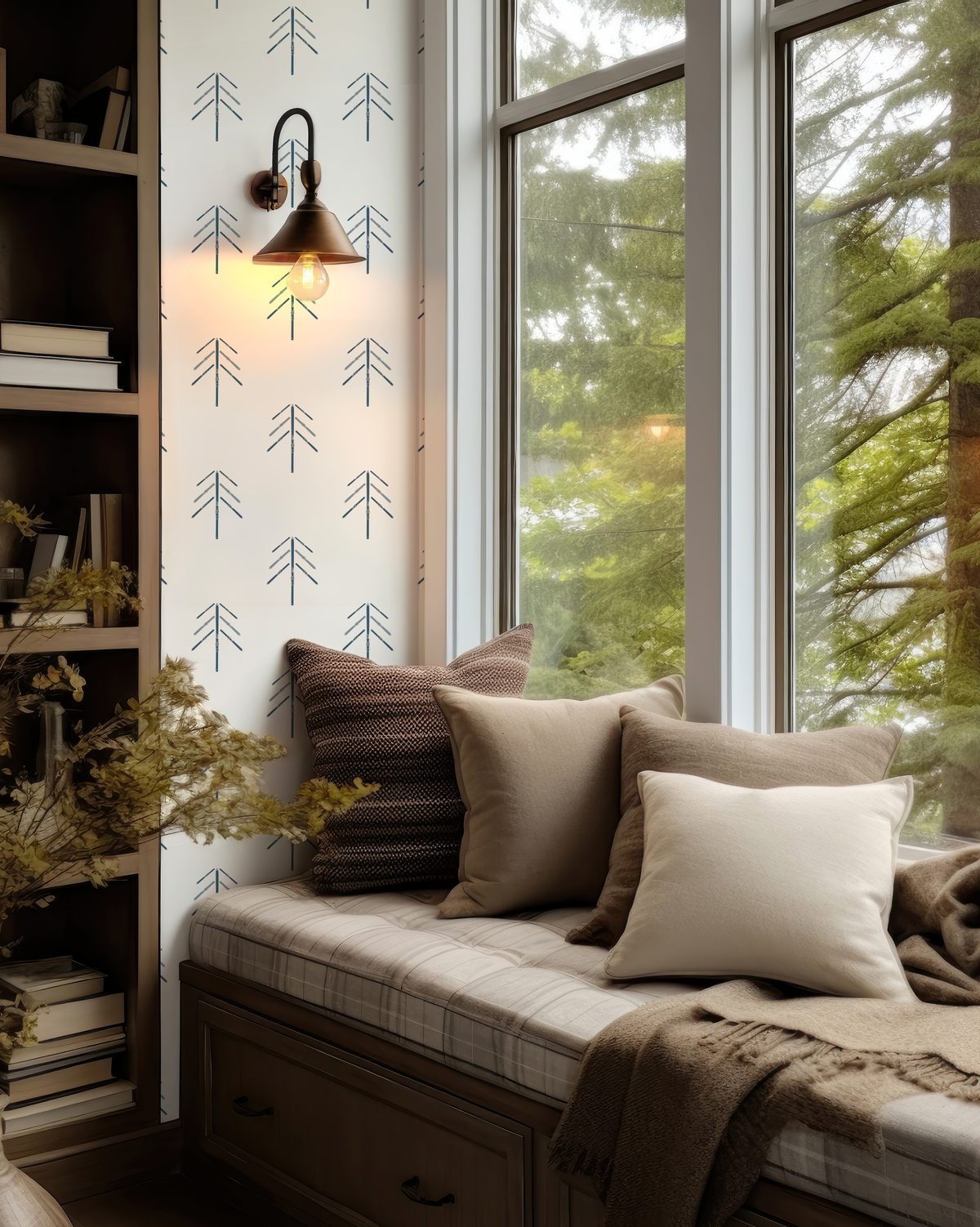 Ski Tree Wallpaper in Alta Blues in mountain modern home decor.