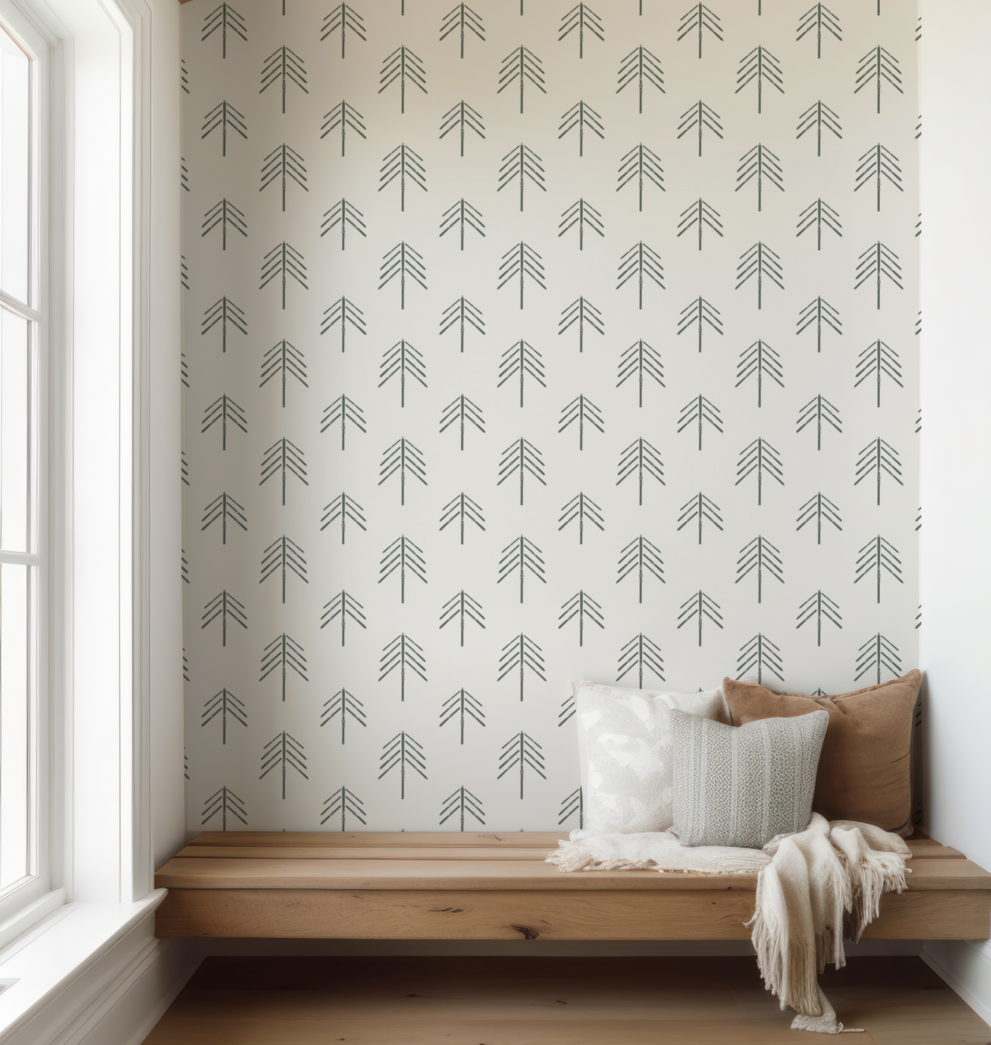Ski Tree in Olive Green on Off White Wallpaper