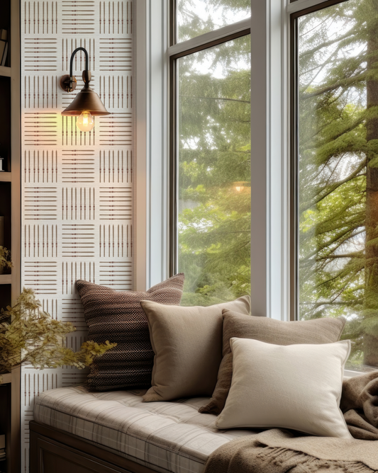 Natural grasscloth wallpaper with hand-drawn skis in mountain home