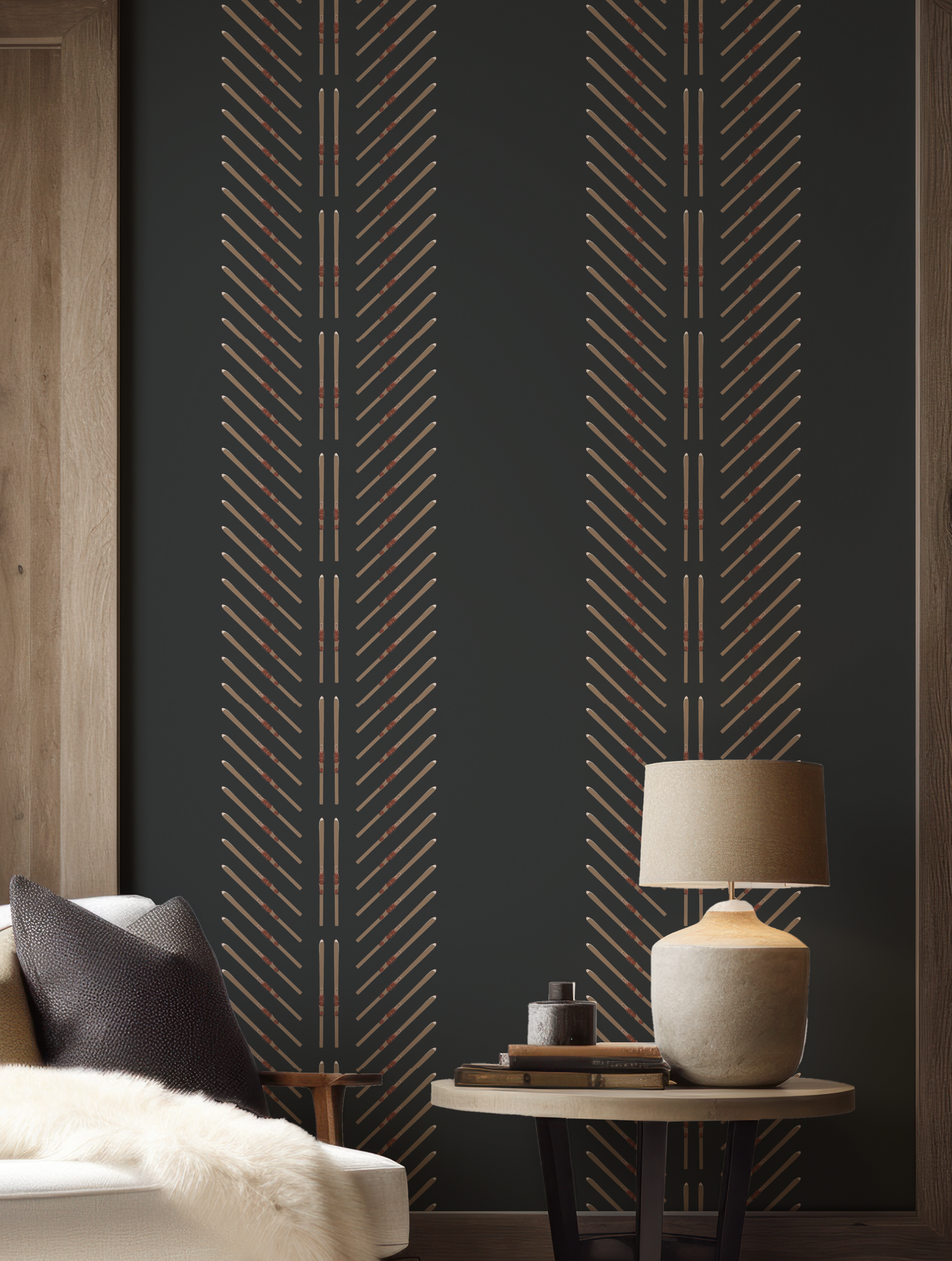 Ski Chevron in Formal Stripe on Black Wallpaper