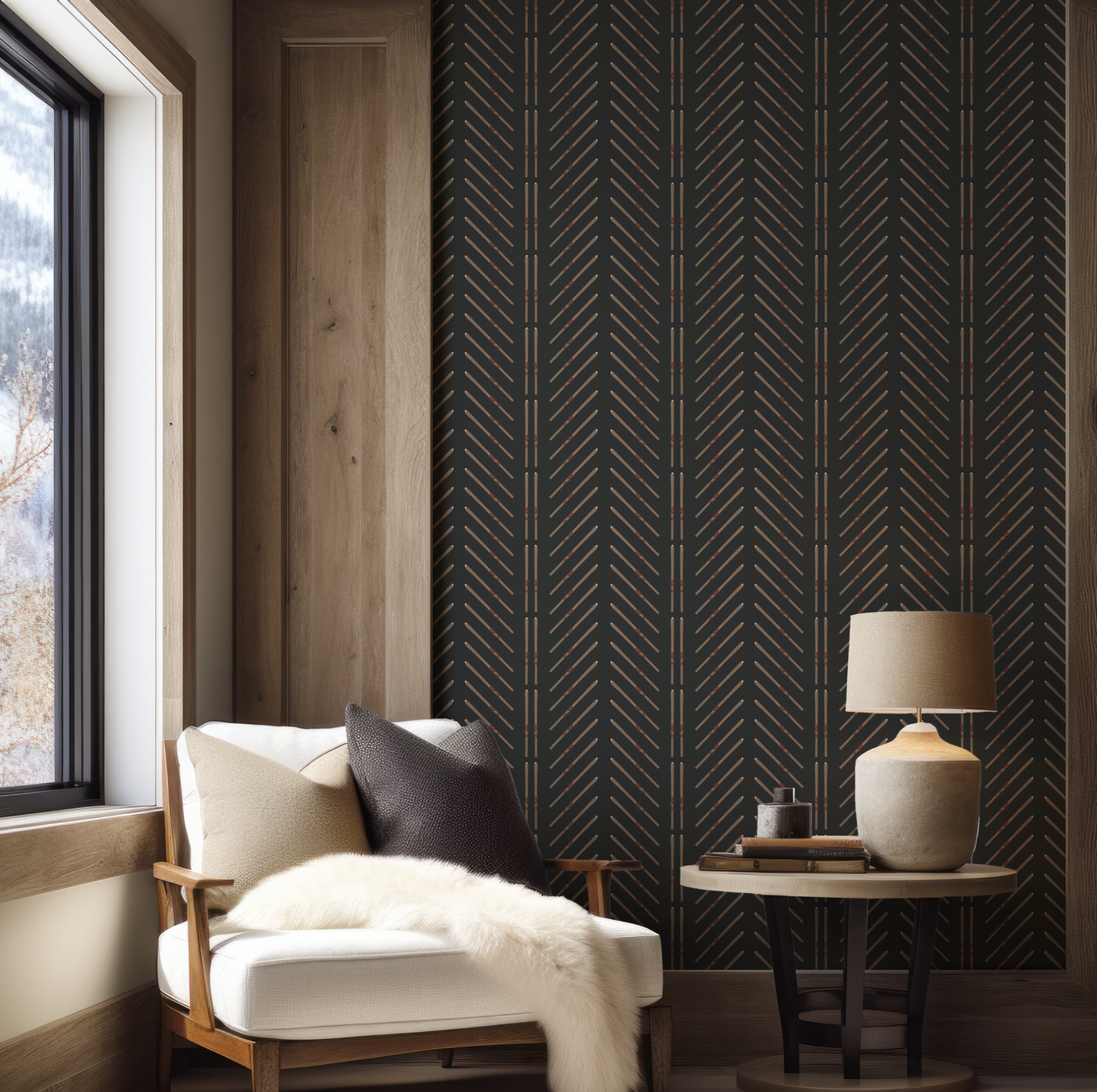 Vintage Ski Chevron and Stripe on Black Wallpaper
