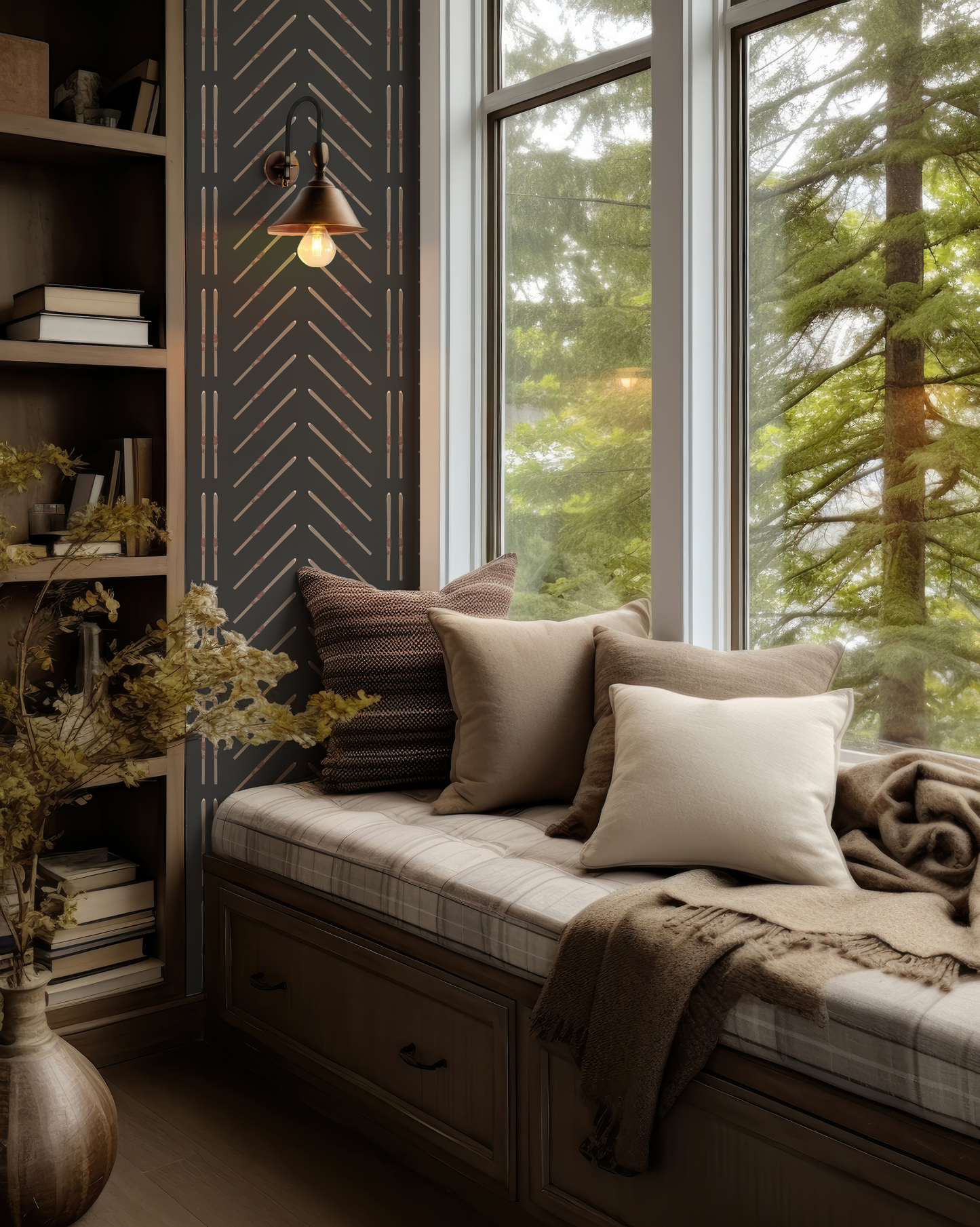 Vintage Ski Chevron Stripe on Black Vinyl Wallpaper