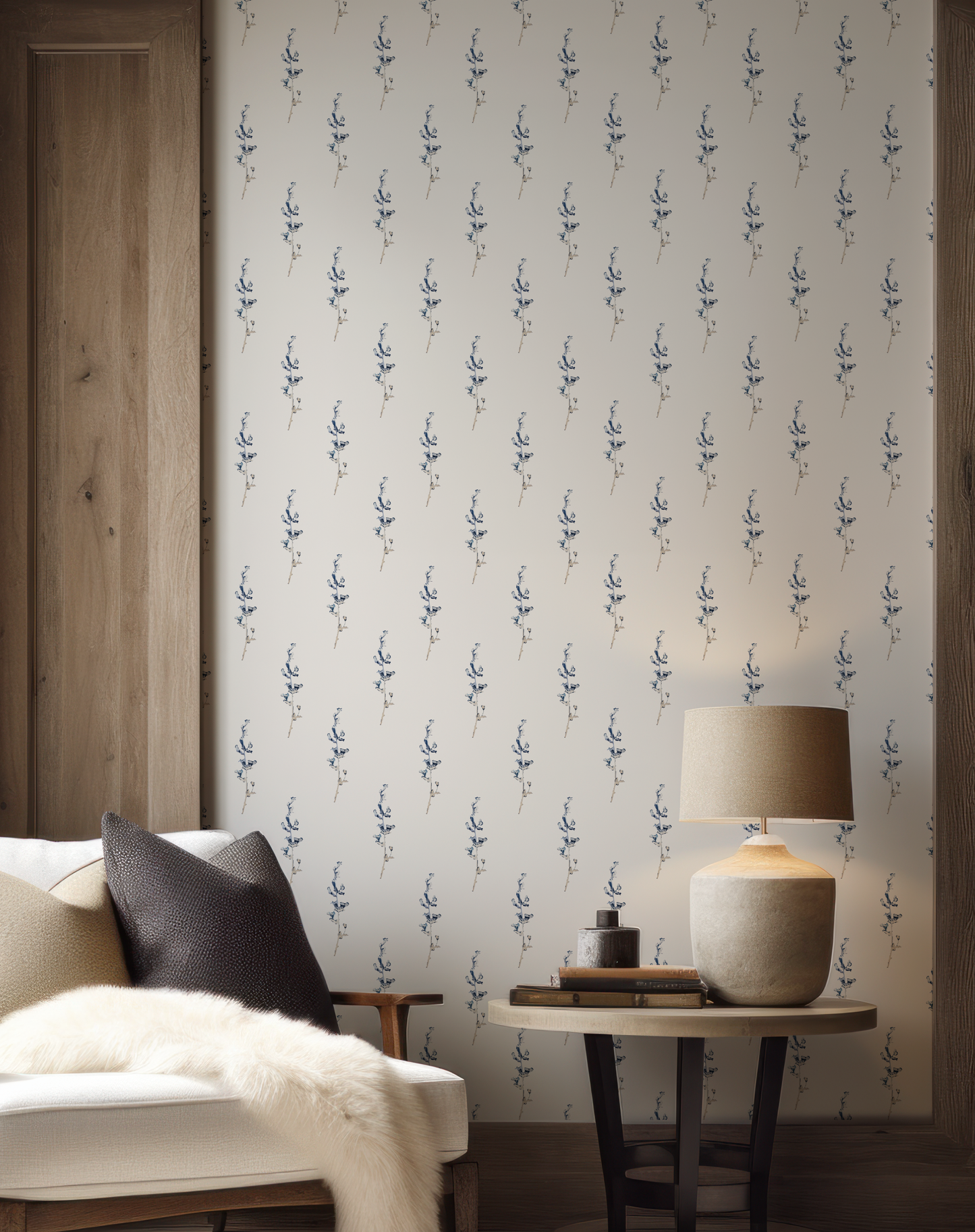 Indigo Wildflower on Off White Wallpaper