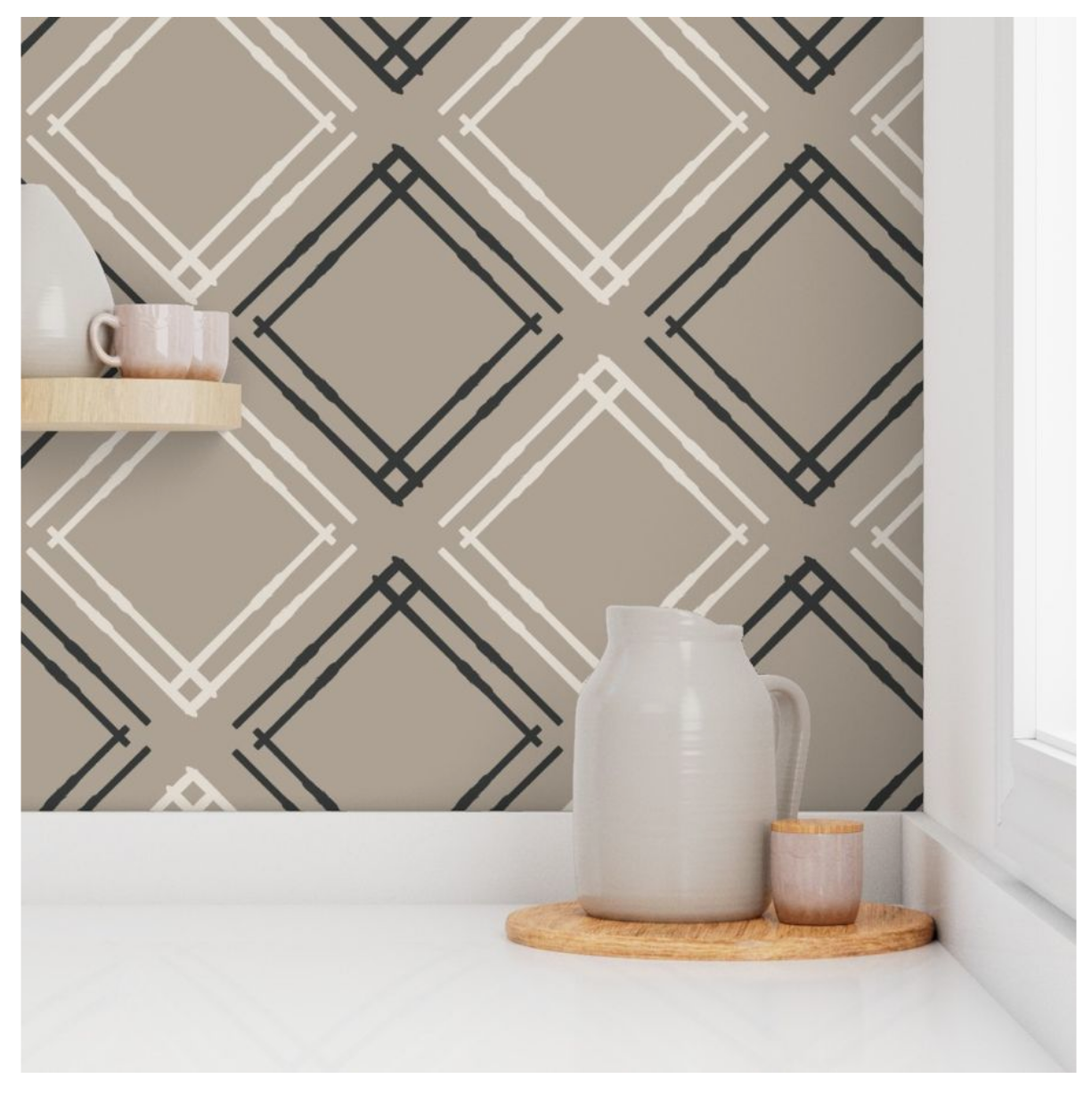 Willow + Wild Ski Dia on Taupe Grasscloth Wallpaper Roll - 32" x 22'