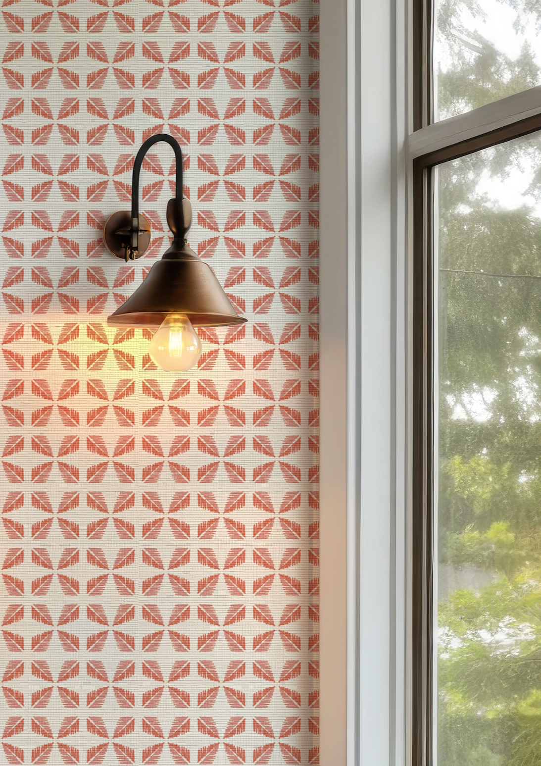 Geometric Leaves Coral and White Wallpaper