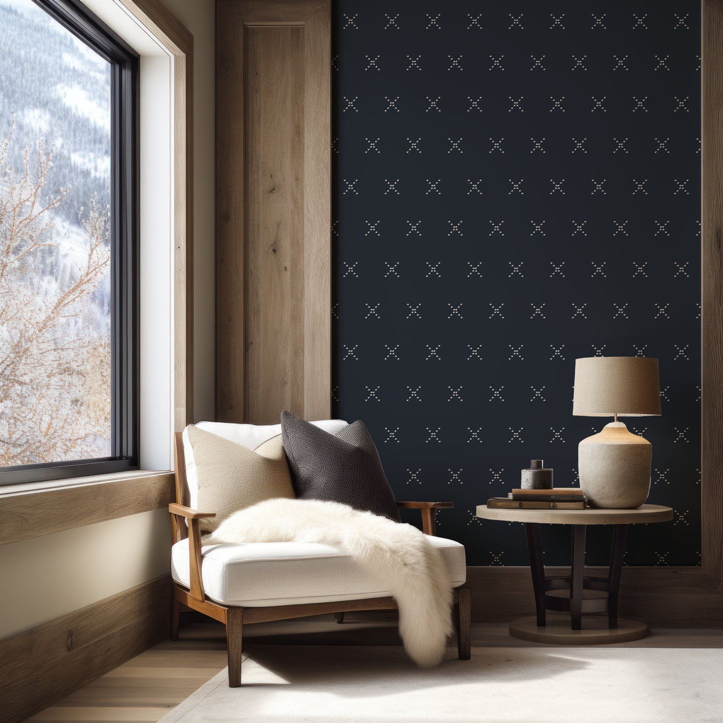 Navy Wallpaper with Small Dash X in Tan