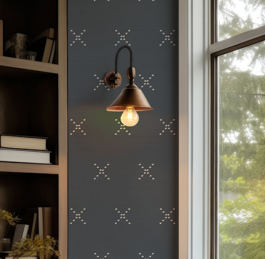 Navy Wallpaper with Small Dash X in Tan