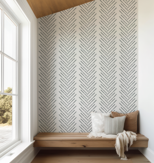 Olive Green Ski Herringbone Off White Wallpaper