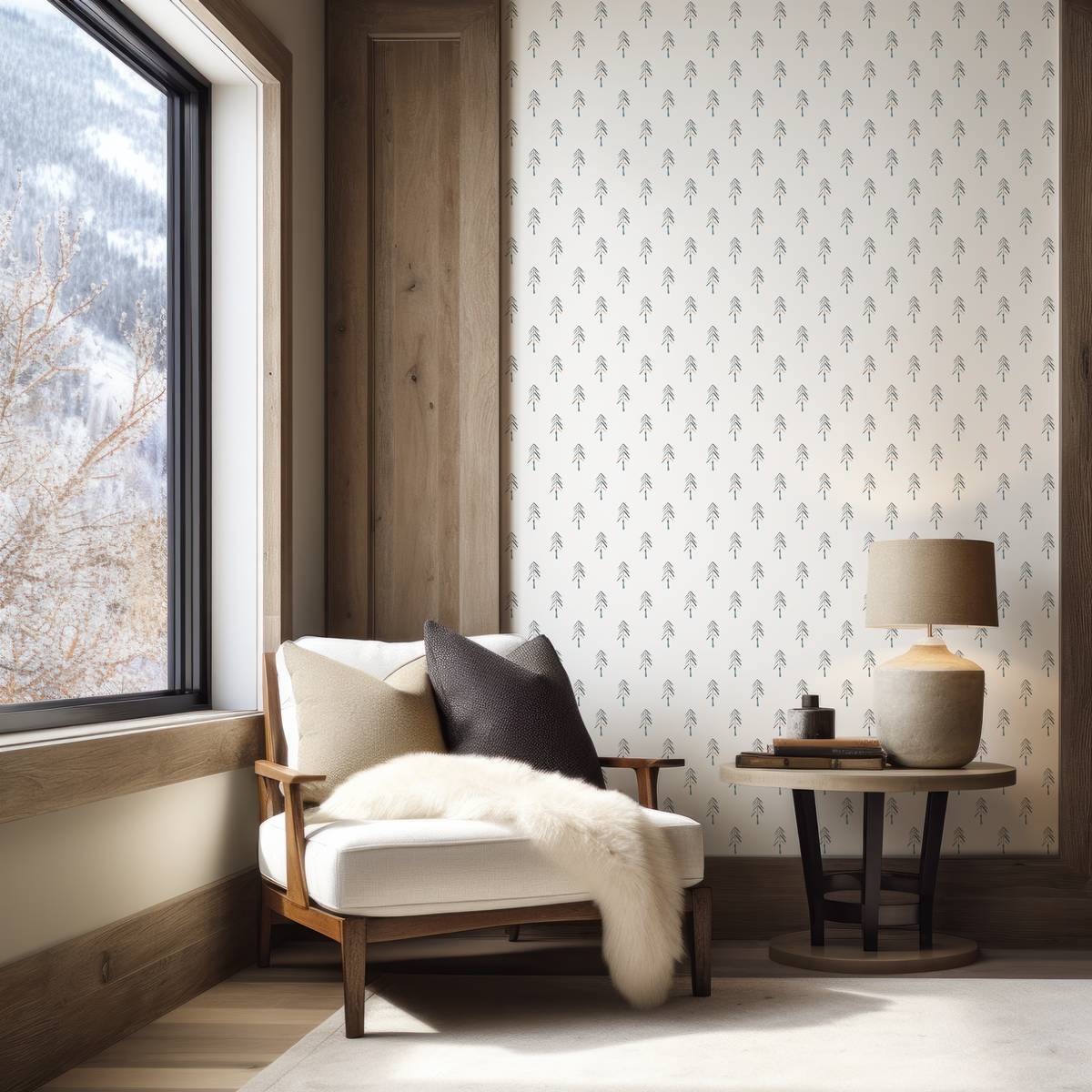 Painted Pine Wallpaper featuring simple, whimsical pine trees in navy and jade on white.
