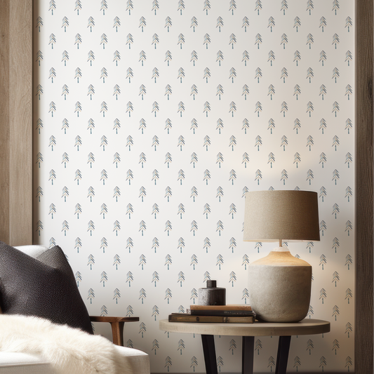 White Wallpaper with Trees showing stylized evergreen painted trees.