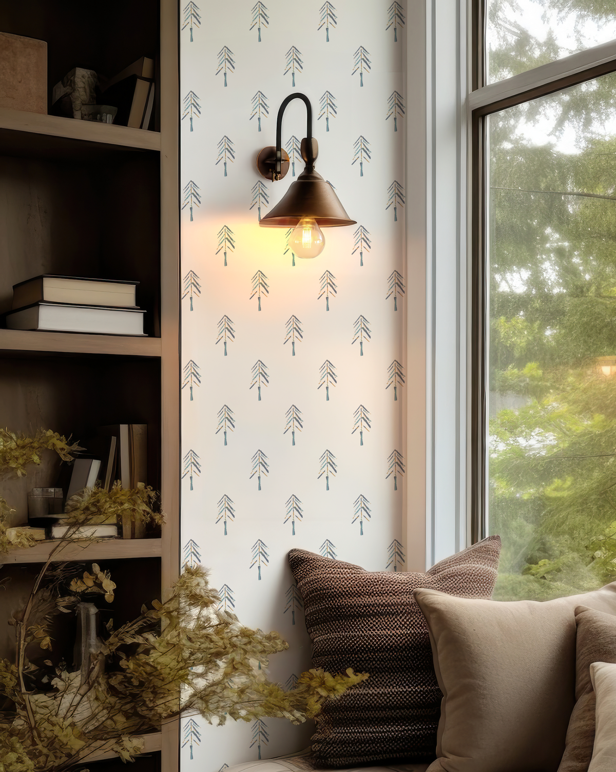 Wallpaper with Tree pattern, a playful forest design for kids’ rooms, playrooms, and mountain homes.
