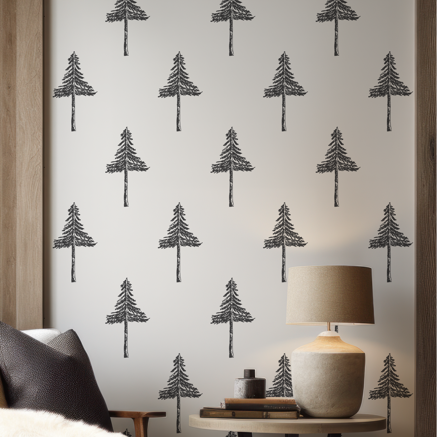 Pine Tree Black and White Grasscloth Wallpaper