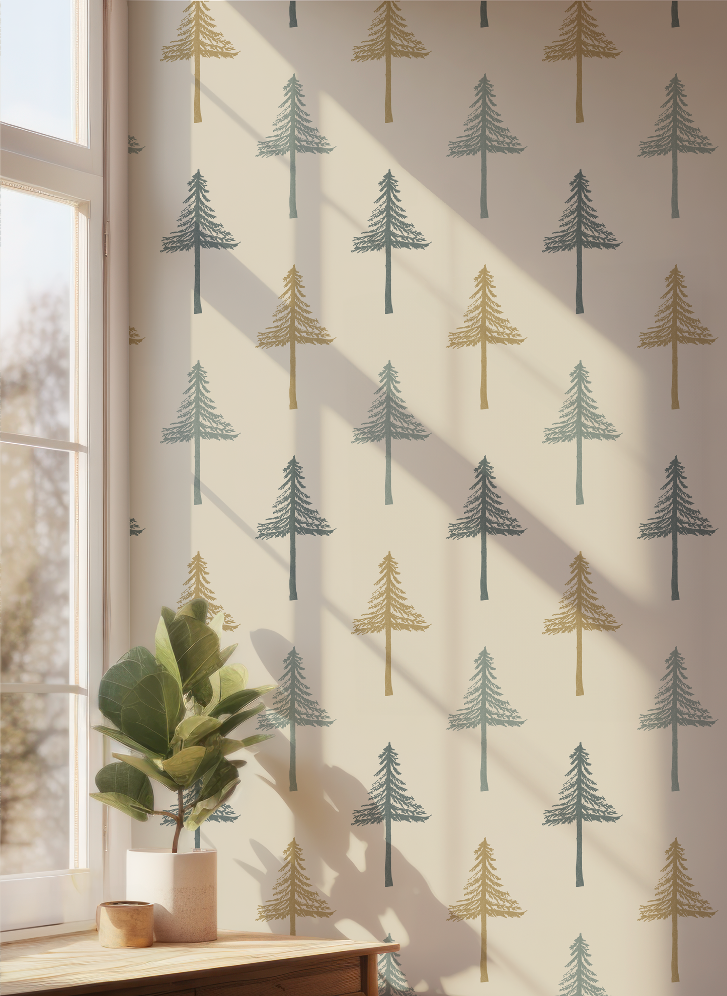Pine Tree Sage Blend on Beige Wallpaper