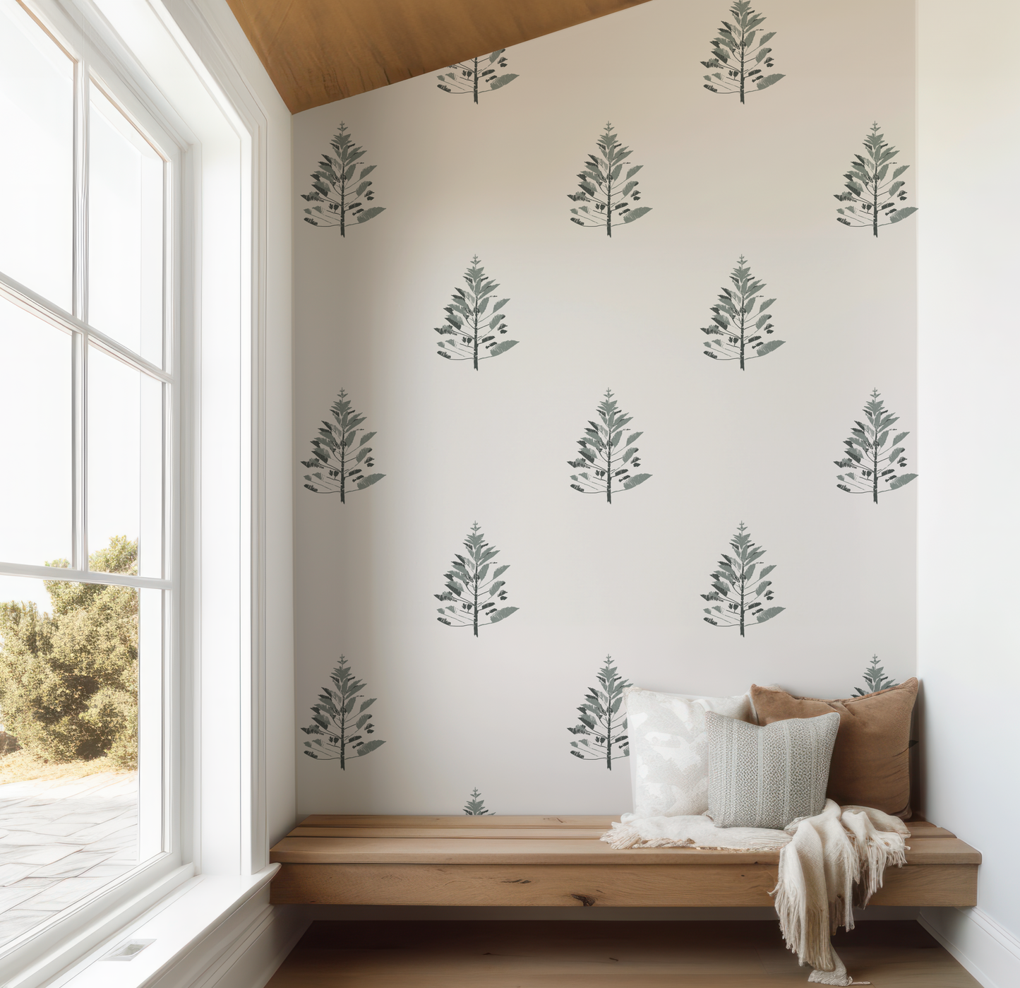 Norfolk Pine Sketched on Off White Wallpaper