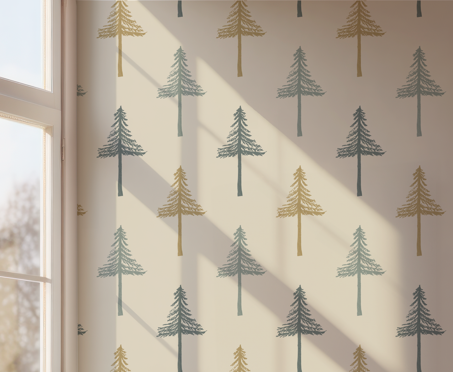 Pine Tree Sage Blend on Beige Wallpaper
