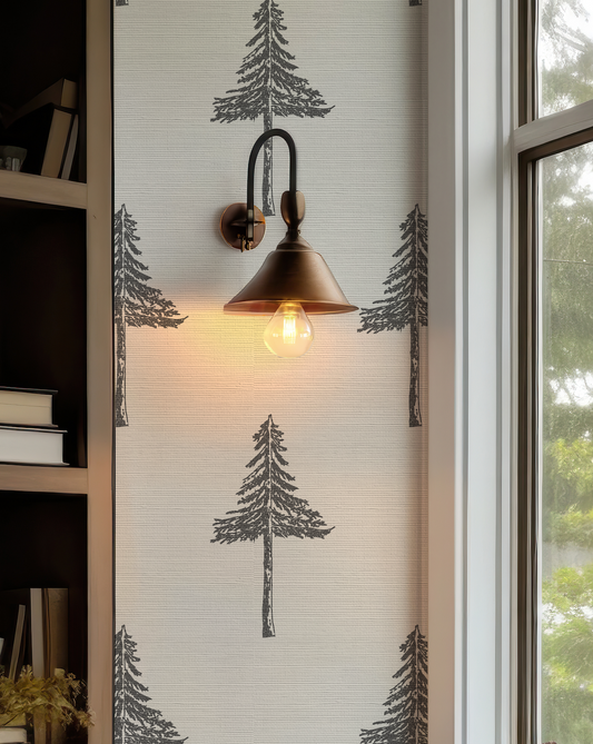 Pine Tree Black and White Grasscloth Wallpaper