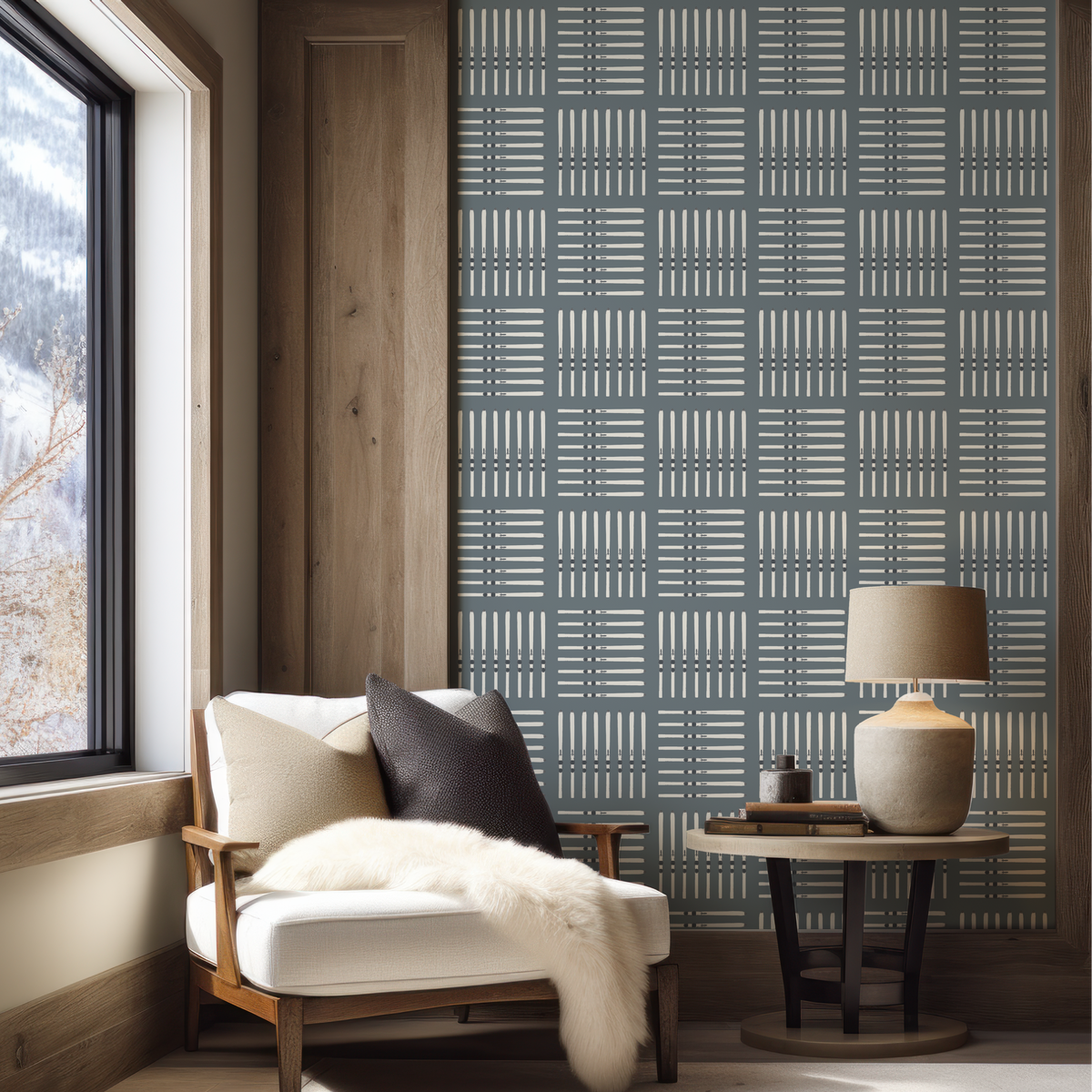 Ski Wallpaper on Denim Blue in mountain home.